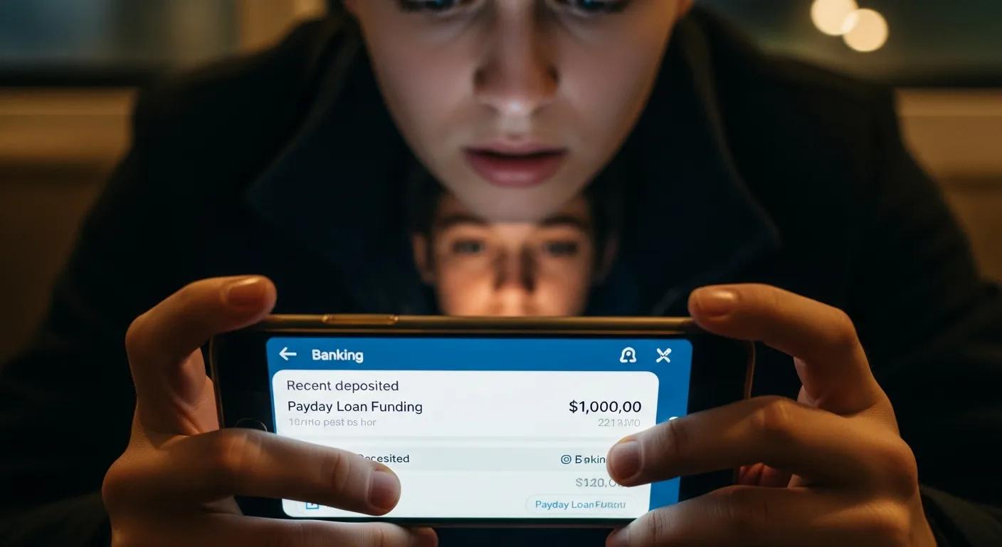 Person checking bank account on smartphone, reflecting quick payday loan funding Person holding smartphone displaying payday loan funding notification, emphasizing quick access to cash advances, relevant to same-day loan services in California.