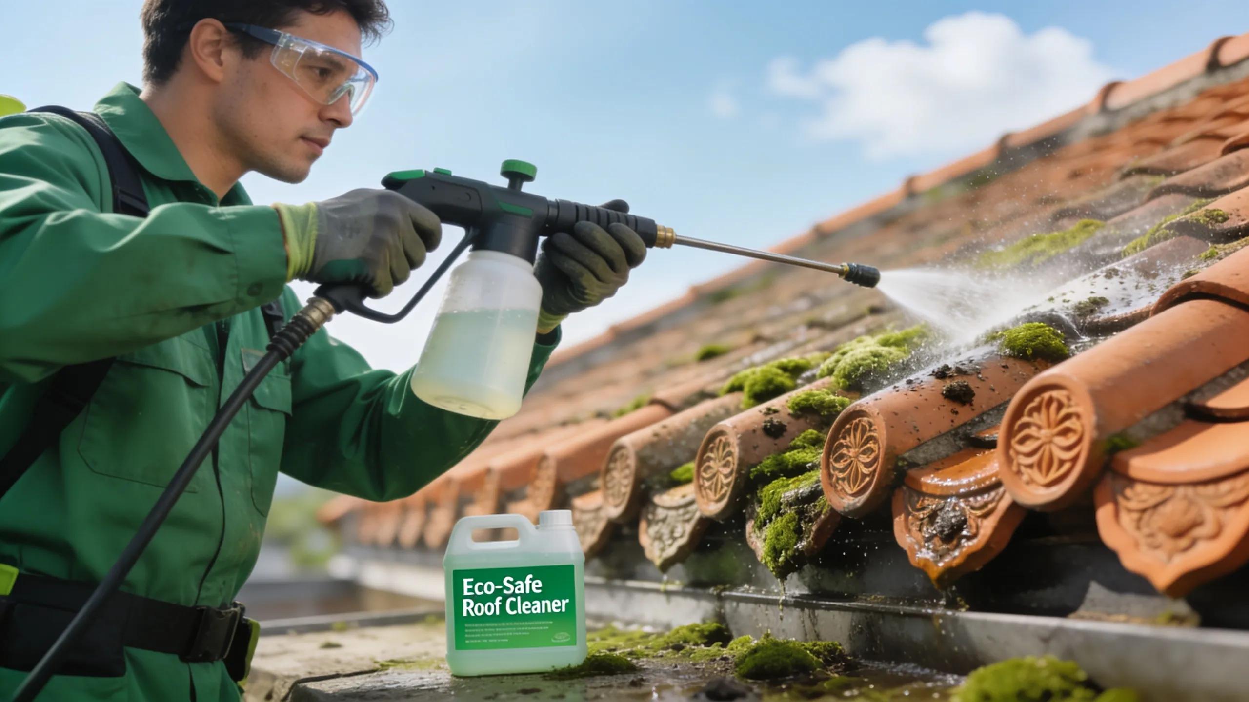 Technician applying soft washing technique on a delicate roof surface, emphasizing eco-friendly cleaning methods Technician applying soft washing technique on a delicate roof surface, emphasizing eco-friendly cleaning methods