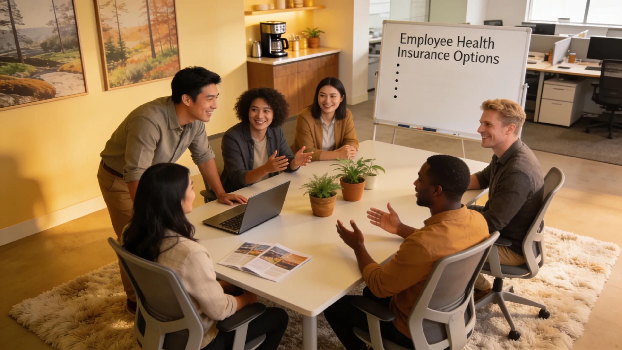 Diverse employees collaborating in a cozy office setting focused on health insurance discussions