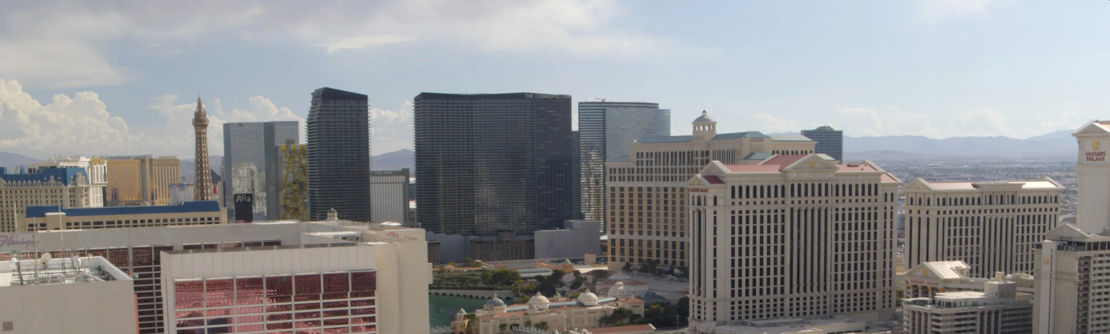 Skyline view of Las Vegas with modern buildings and distant mountains