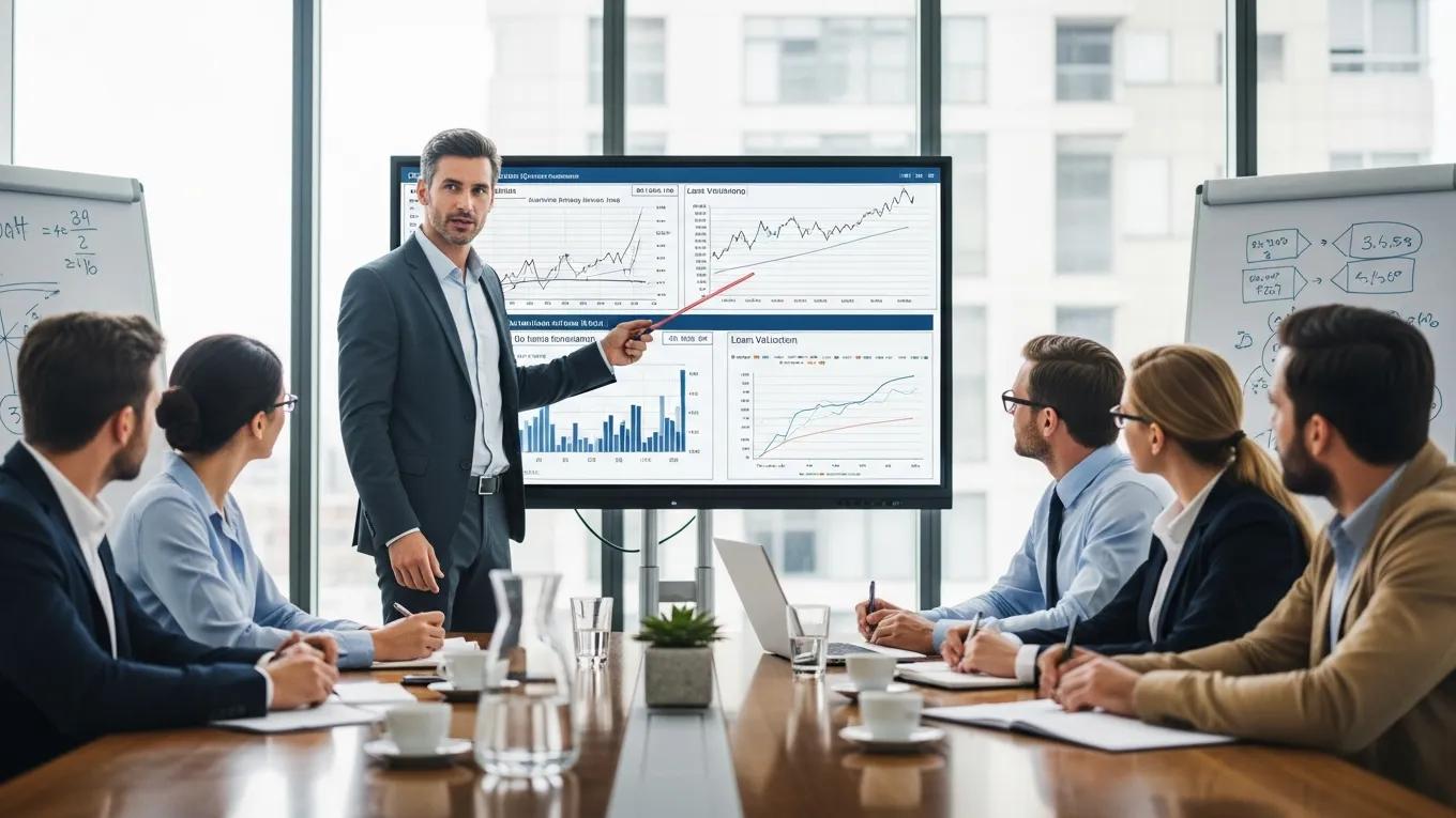 Financial expert explaining market pricing models for loan valuation in a collaborative meeting