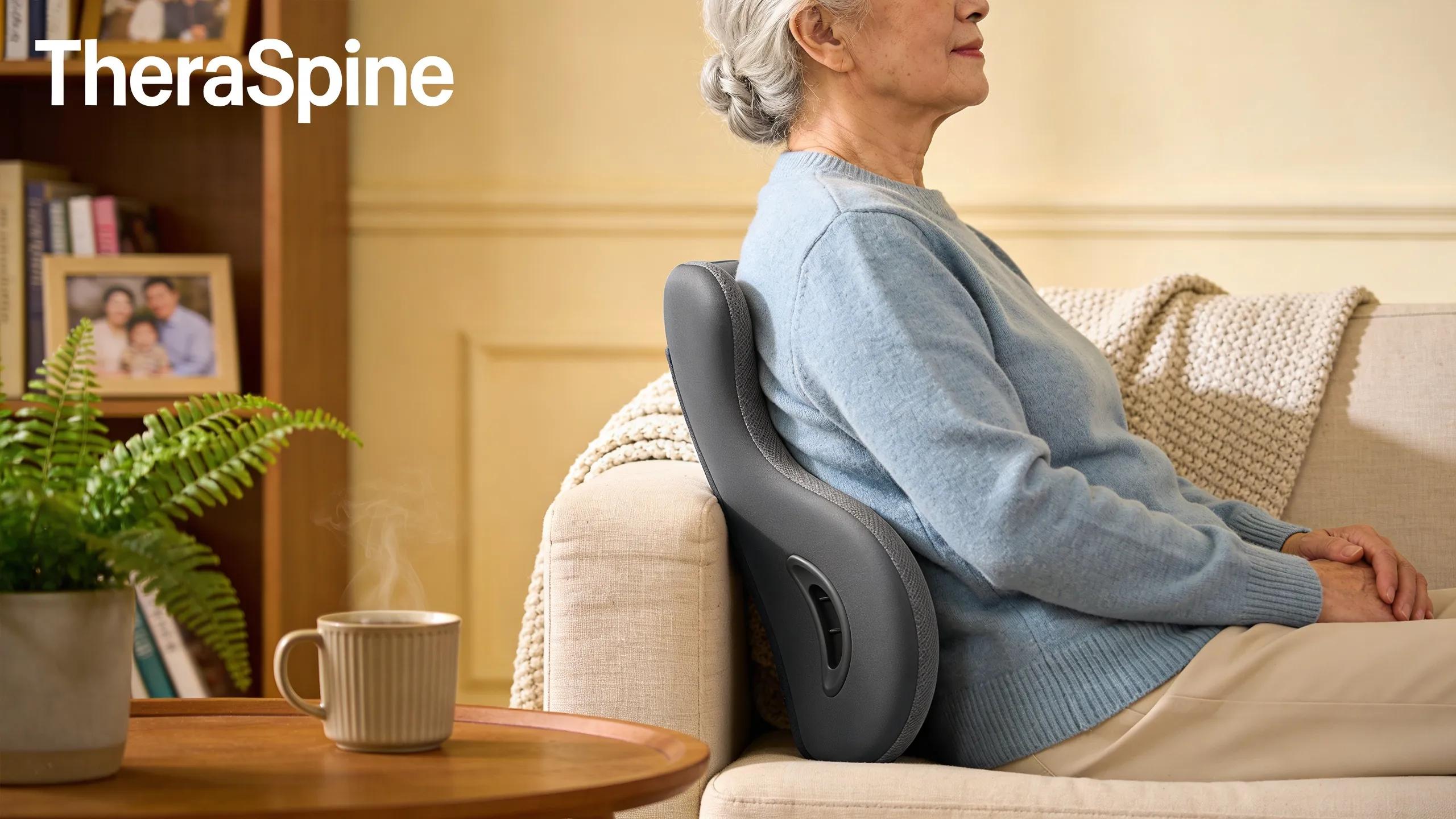 Elderly person using TheraSpine lumbar support cushion in a cozy living room, enhancing comfort and back pain relief