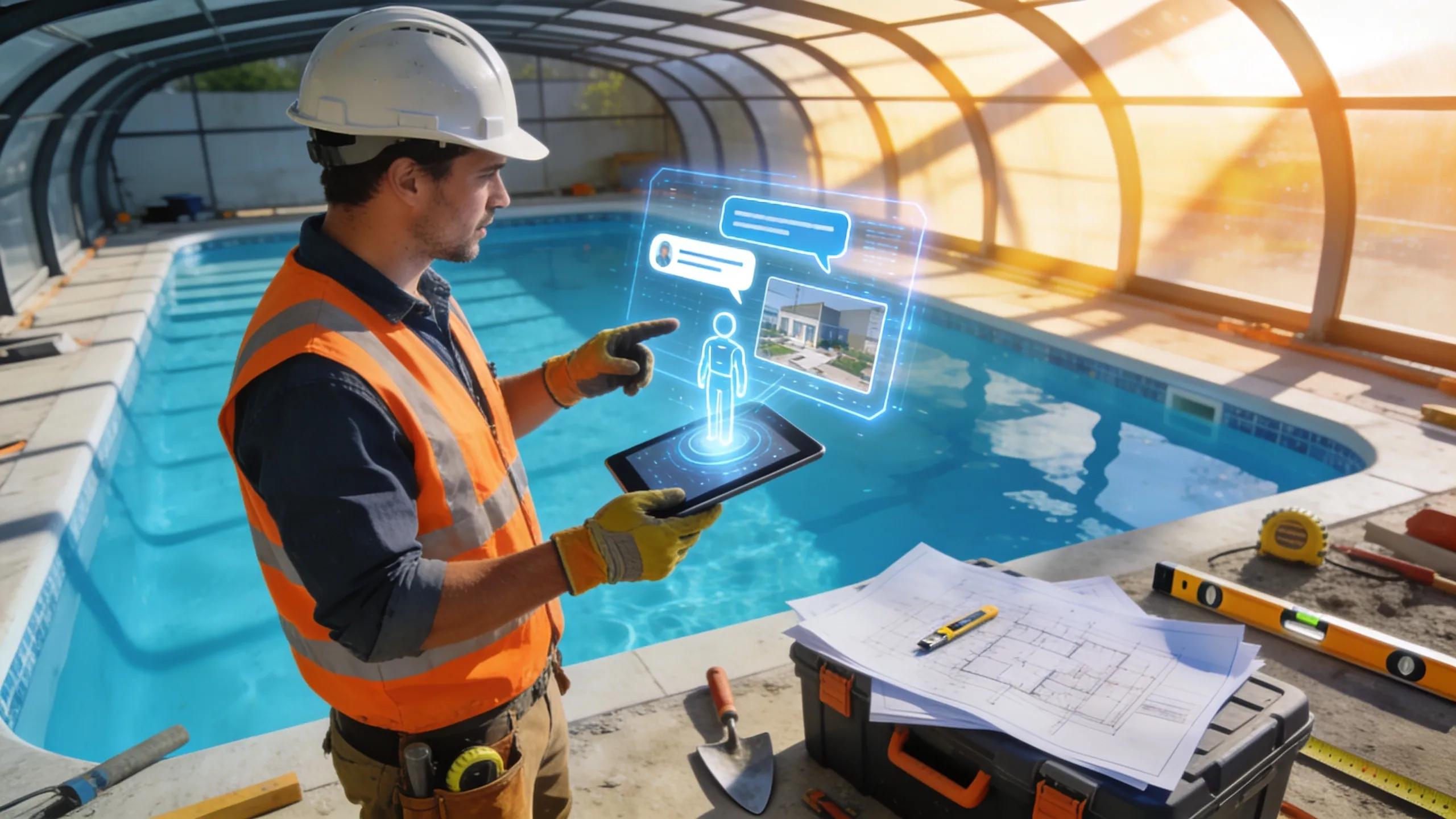 Pool builder using tablet with conversational AI interface for estimate booking automation.