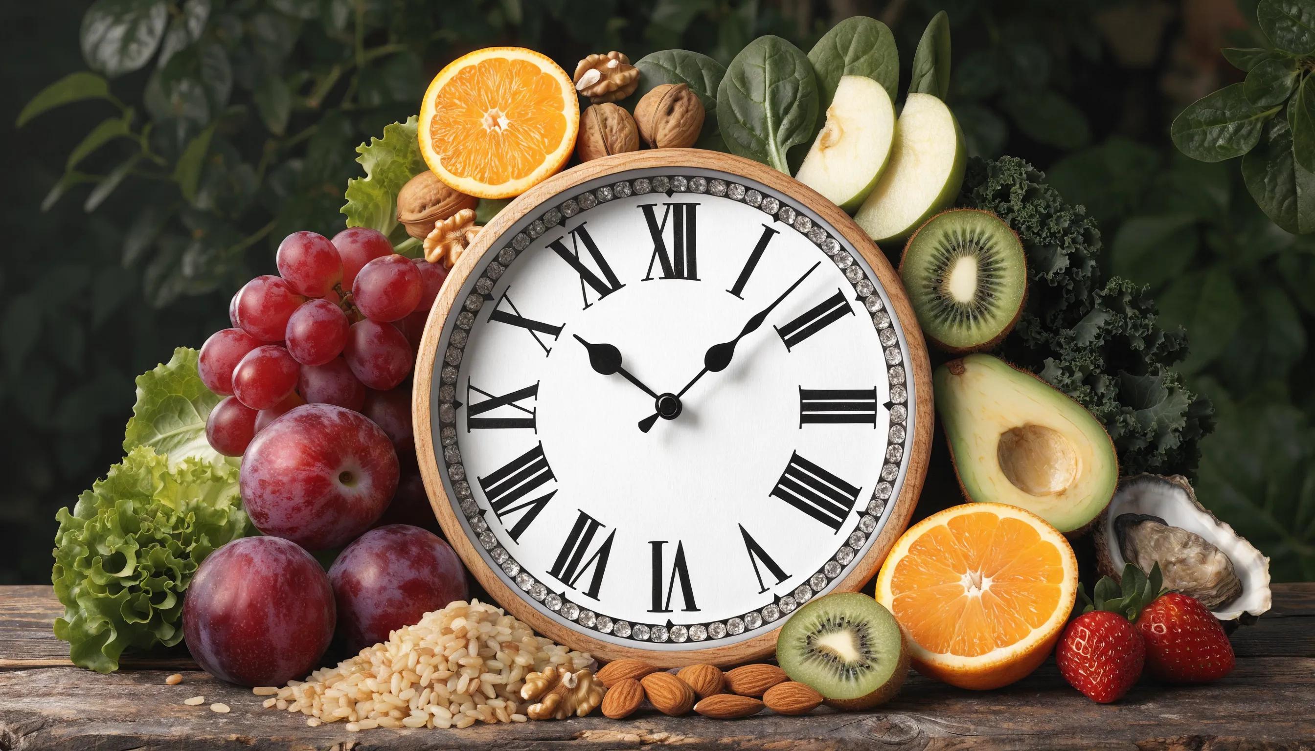 Clock surrounded by liver-healthy foods illustrating timing and digestion