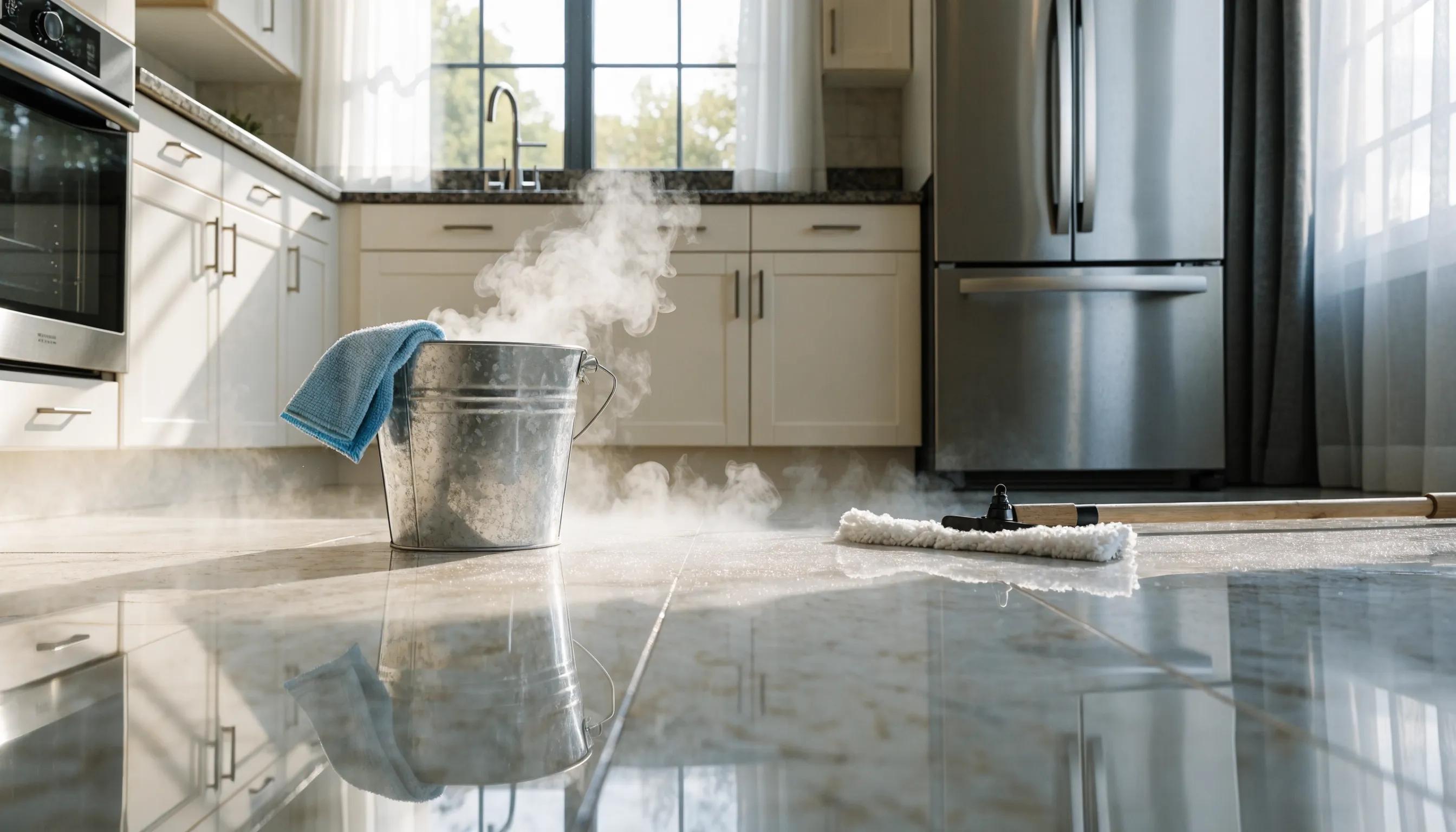 Spotlessly clean kitchen floor highlighting the effectiveness of steam cleaning compared to traditional methods