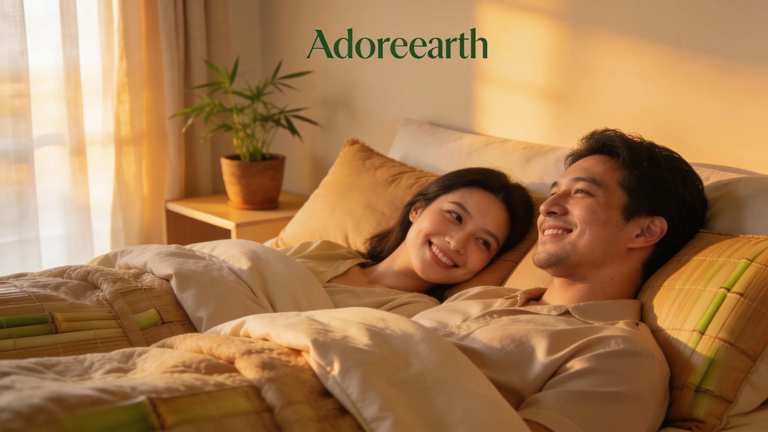 Happy customers enjoying Adorearth bamboo bedding in a serene bedroom, reflecting satisfaction and comfort