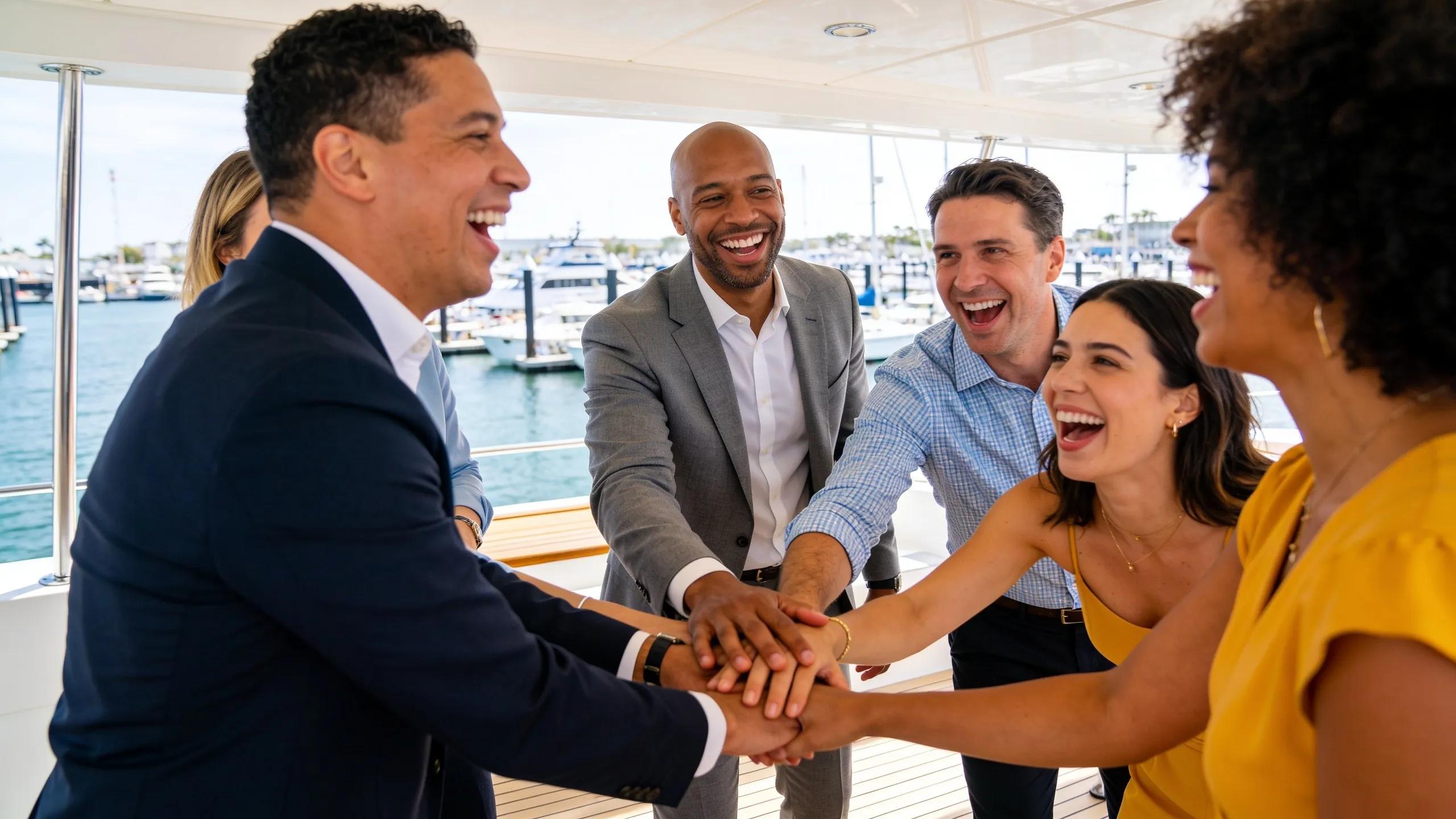 Professionals engaged in team-building activities on a yacht, promoting collaboration and interaction during a corporate event.
