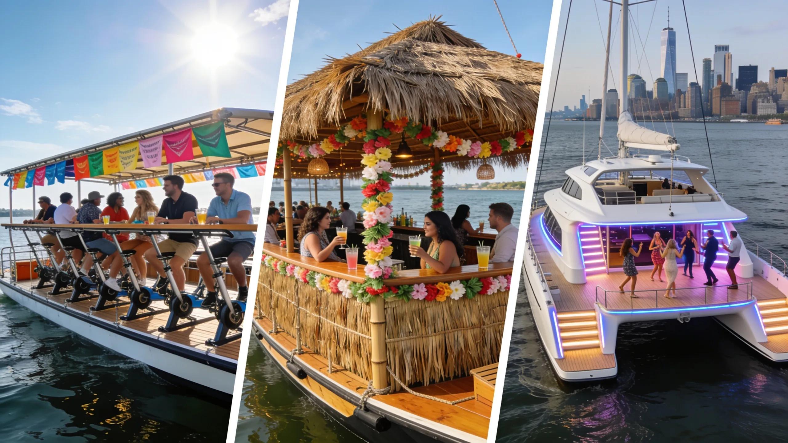 Diverse range of party boats in NYC including Cycleboat, Tiki Boat, and LUX Catamaran