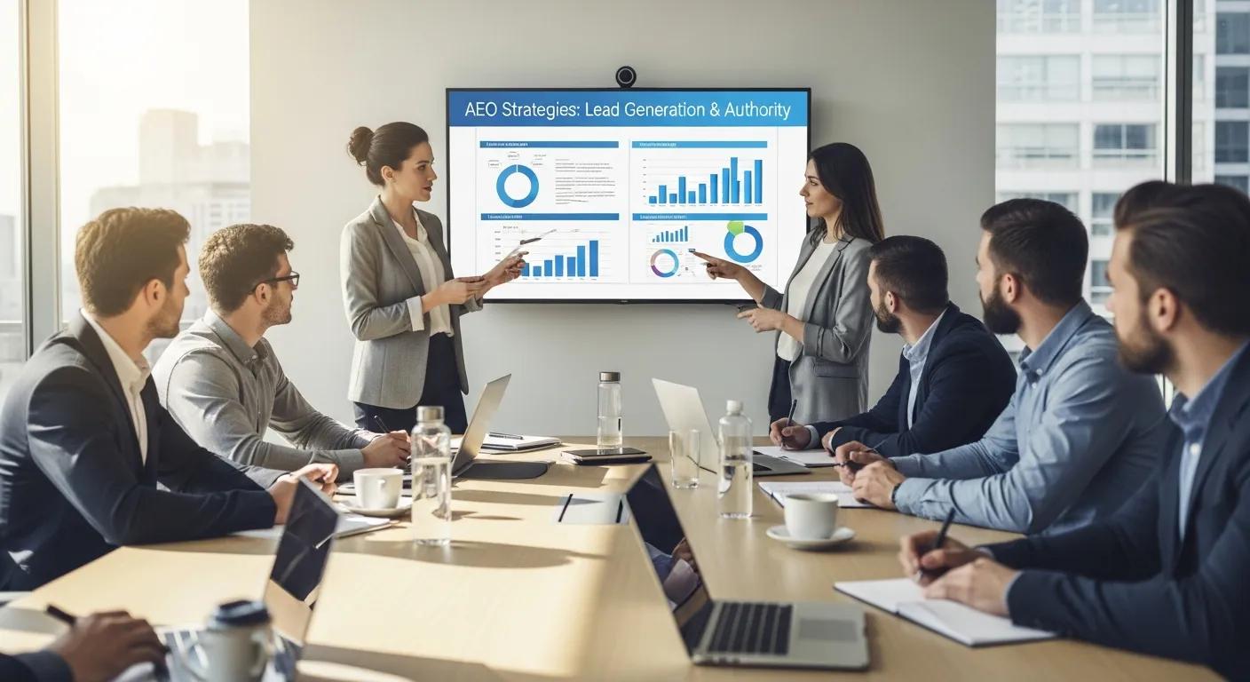 Team meeting to plan AEO strategies for lead generation and authority