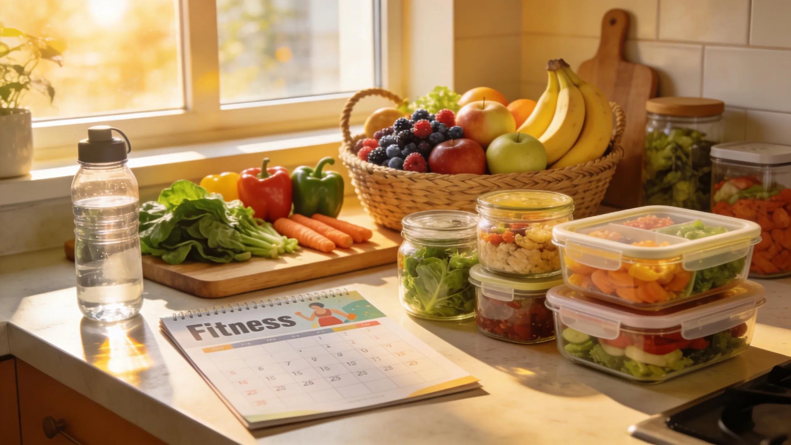 Diverse meal prep in a bright kitchen, promoting fitness and healthy eating