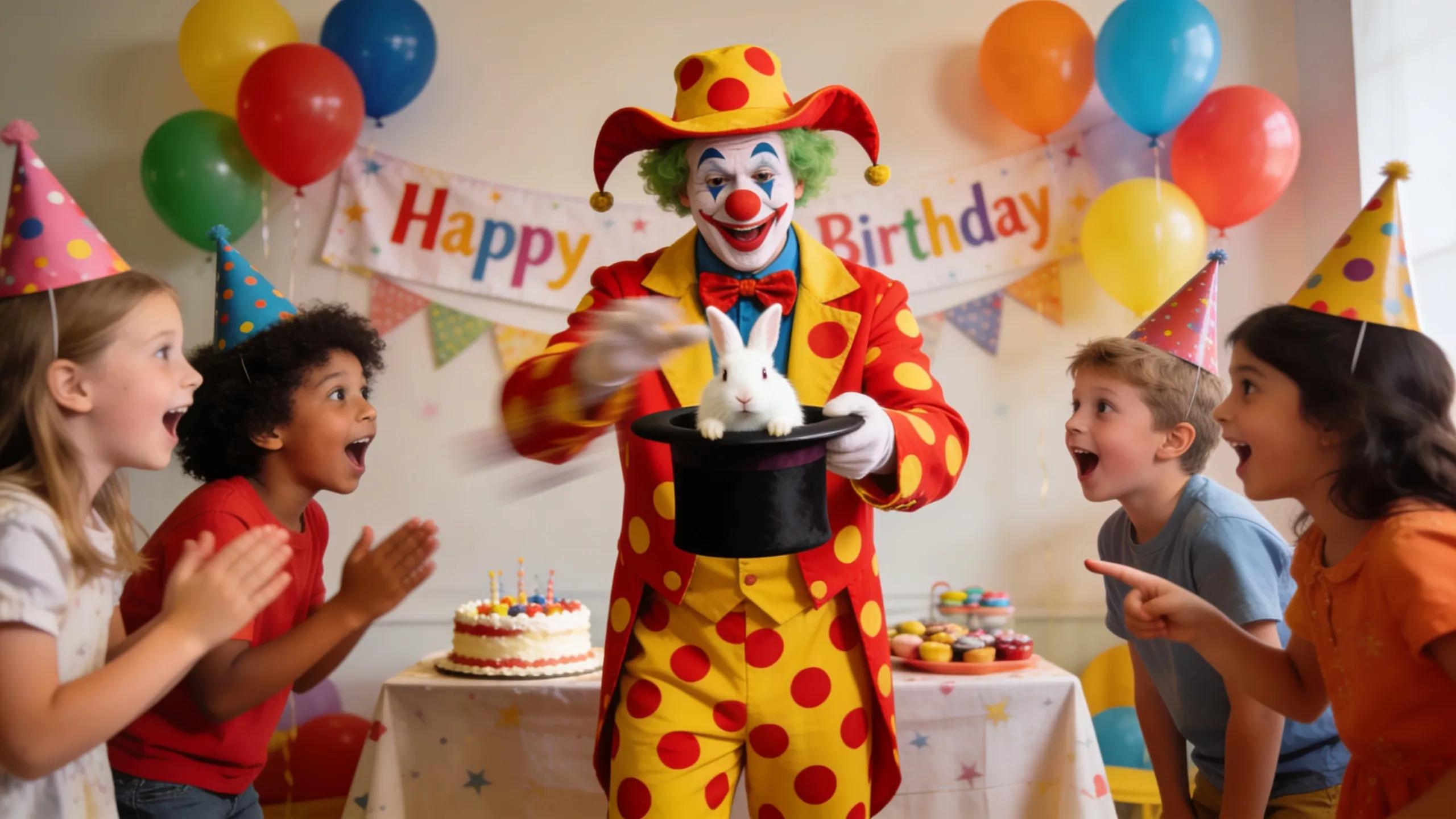 A clown performing a magic trick surrounded by children, illustrating engaging party entertainment