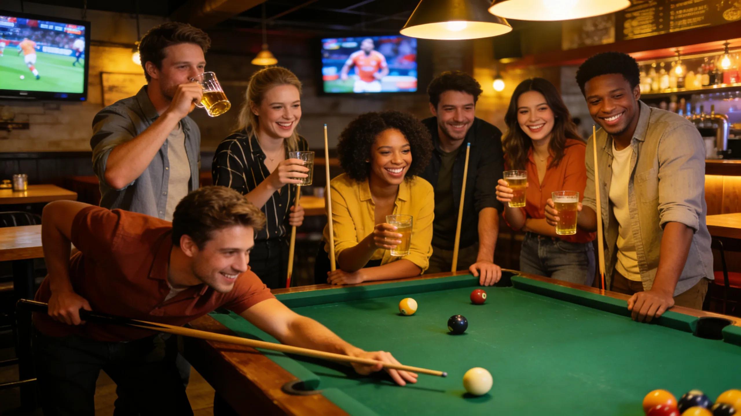 Group engaging in fun team building activities at a casual sports bar atmosphere