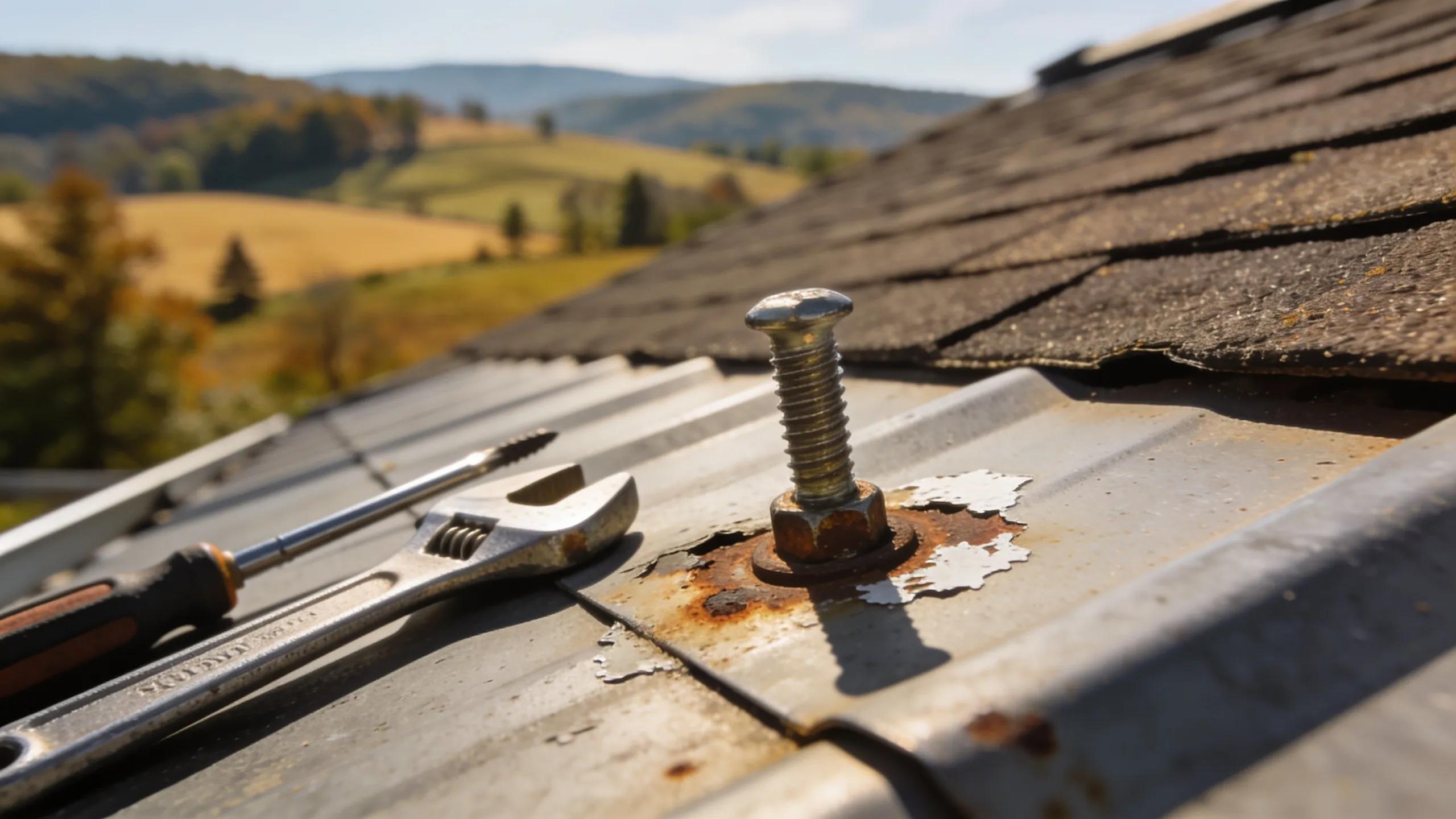 Close-up of exposed fastener roof highlighting screws and wear, illustrating maintenance considerations