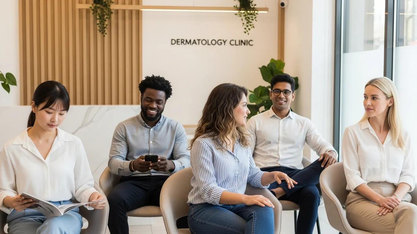 Diverse individuals with clear skin in a dermatology clinic, representing effective acne scar treatments