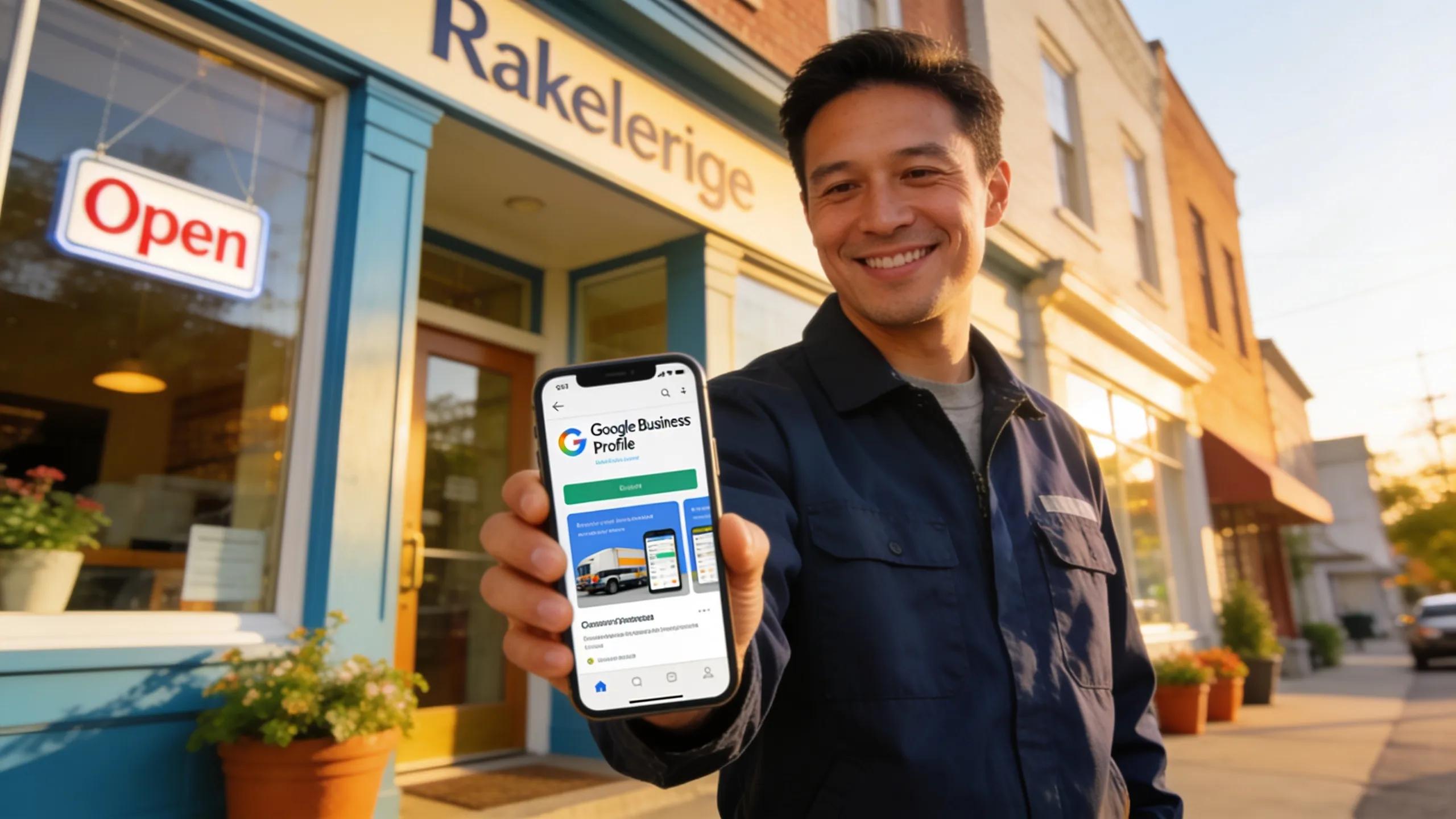 Contractor checking Google Business Profile on smartphone outside their business location
