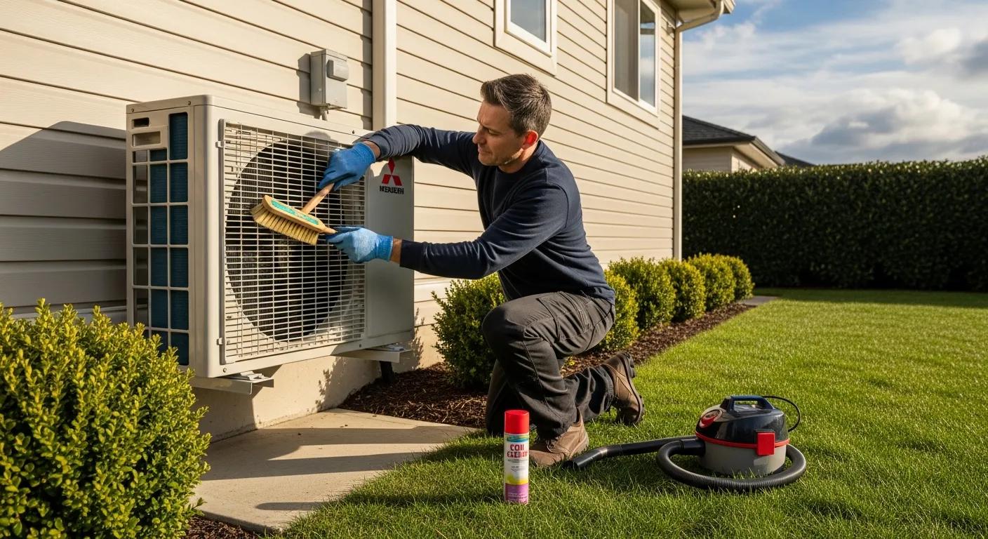 Homeowner performing maintenance on a Mitsubishi mini split outdoor unit, emphasizing preventive care