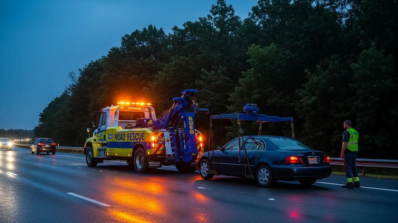 Tow truck responding to an emergency towing situation on the roadside