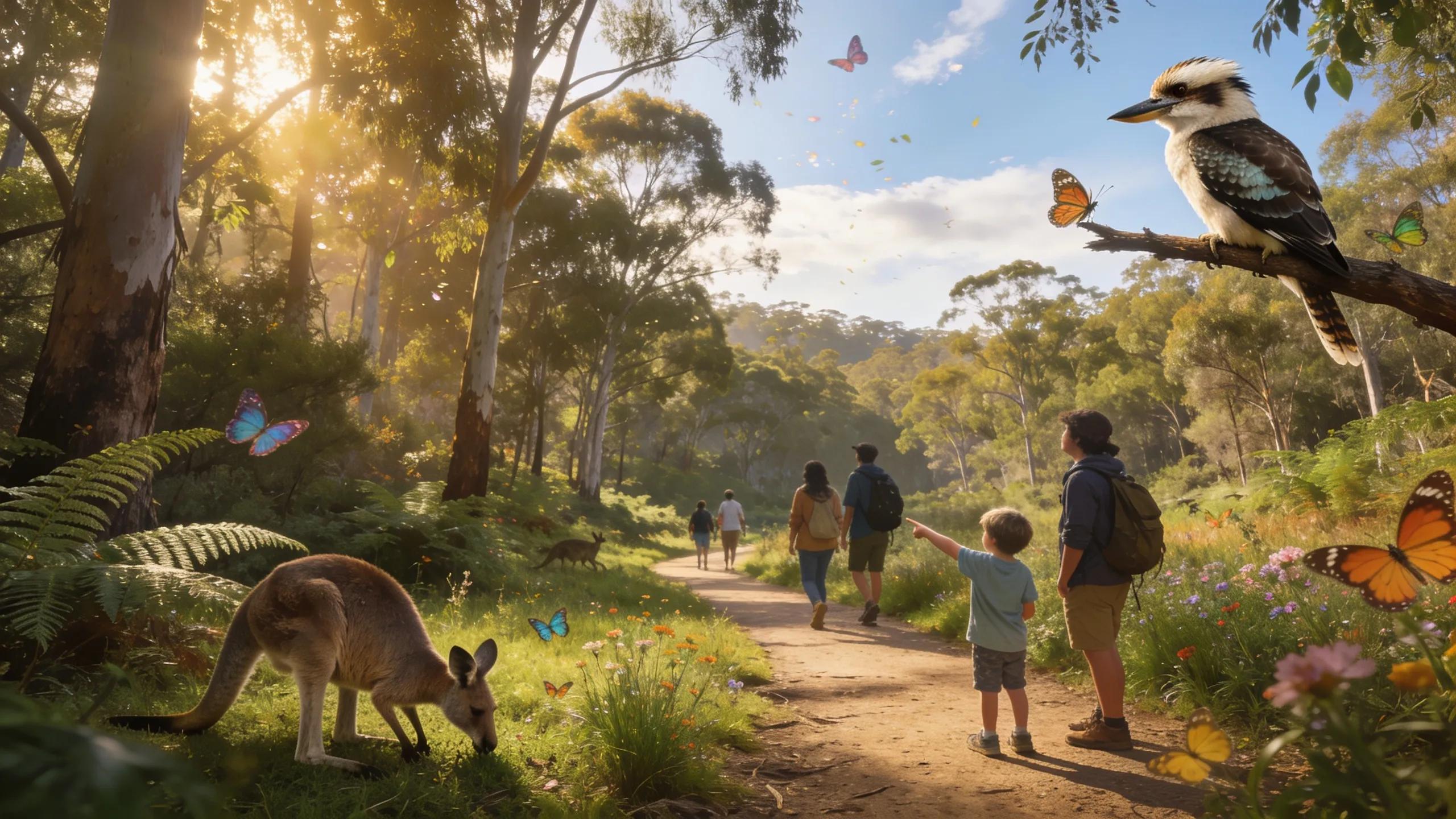Nature trail in Euroa Flora and Fauna Reserve showing families enjoying the outdoor scenery.
