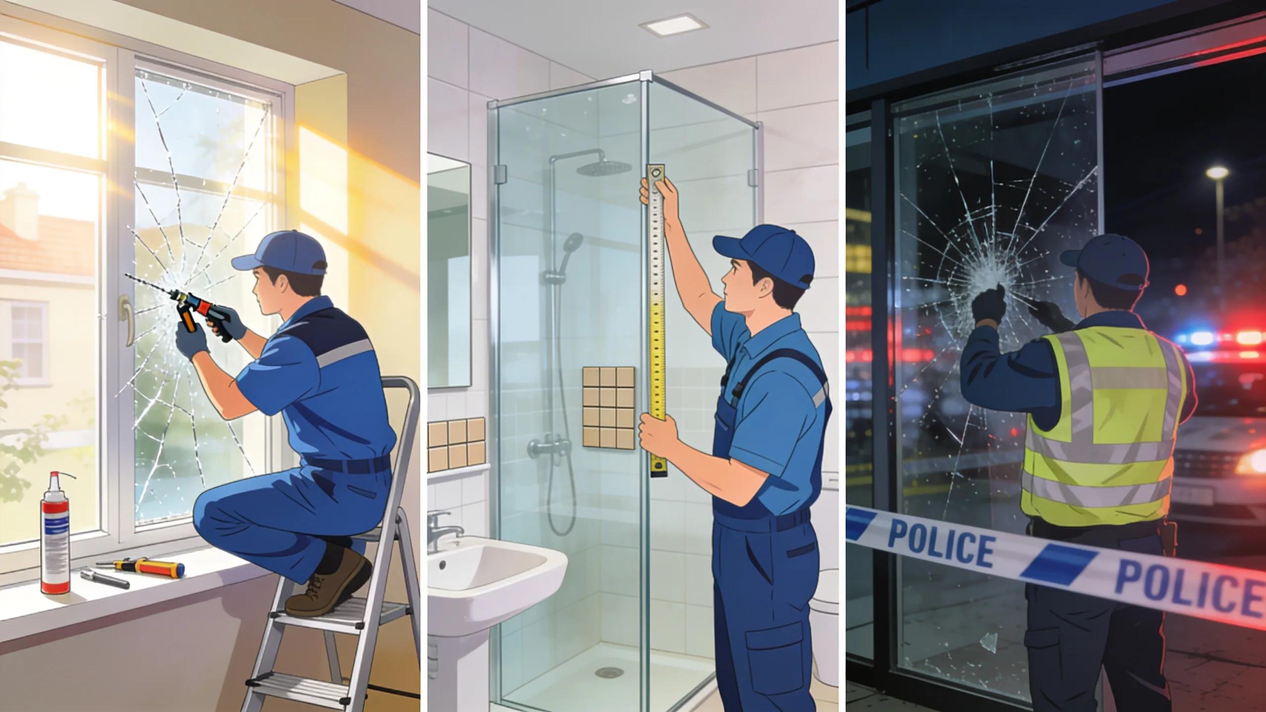 Collage of glazier services including window repairs, shower screen installations, and emergency glass solutions