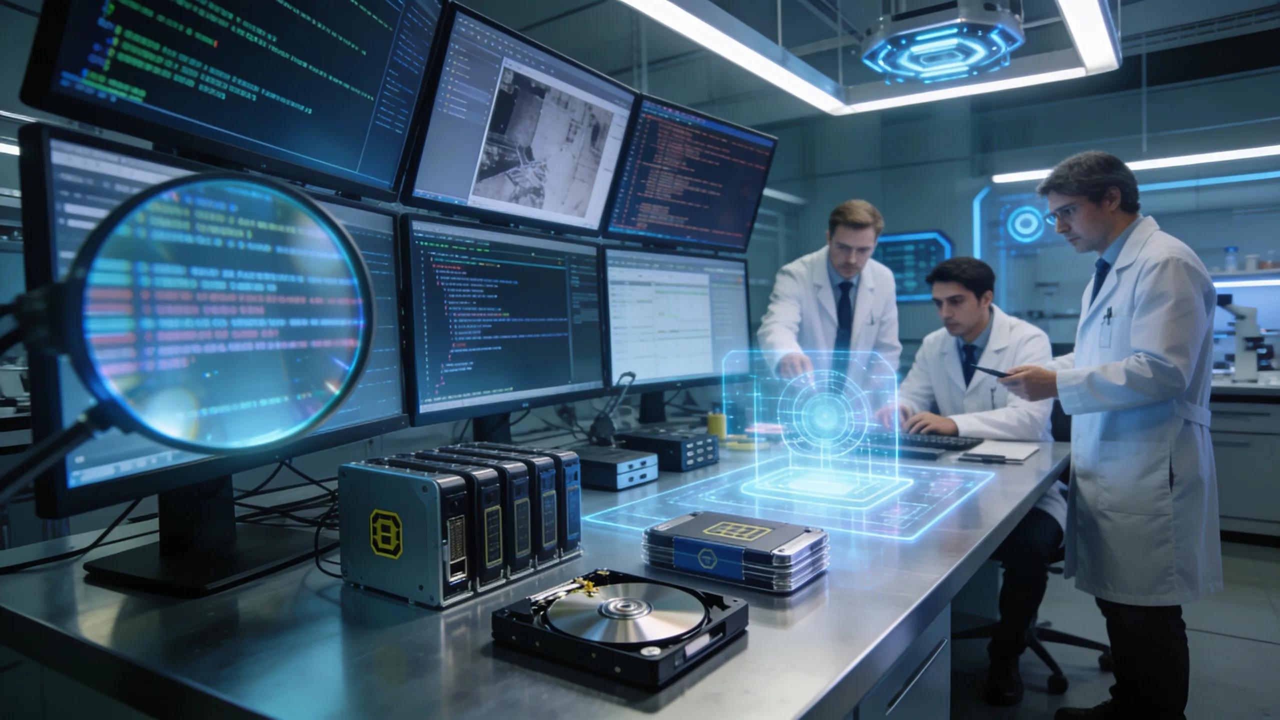 Digital forensics lab with experts analyzing evidence using advanced AI technologies