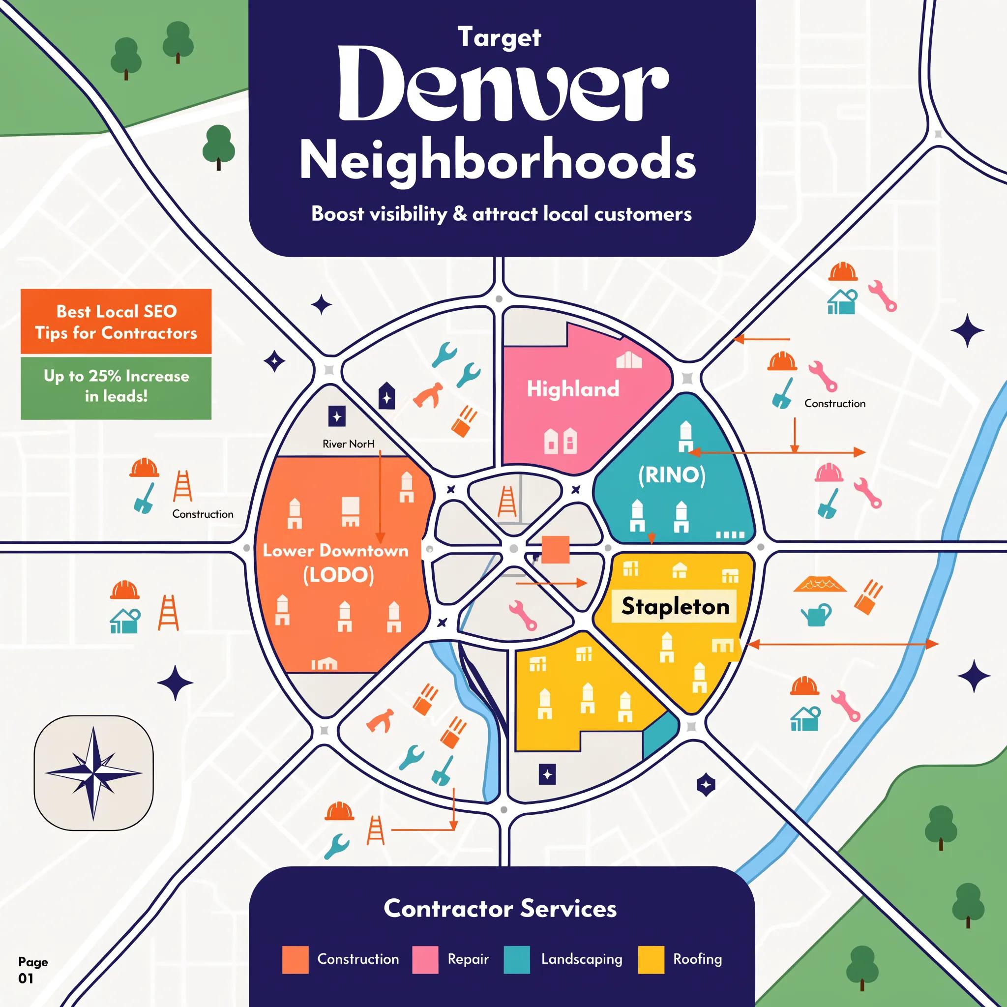 Map of Denver neighborhoods illustrating local SEO tactics for contractors targeting specific service areas