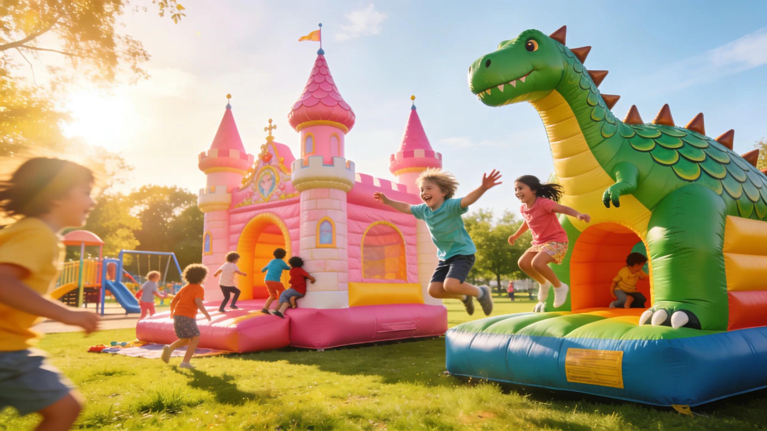 Themed bounce houses in a park, illustrating popular options for children’s events