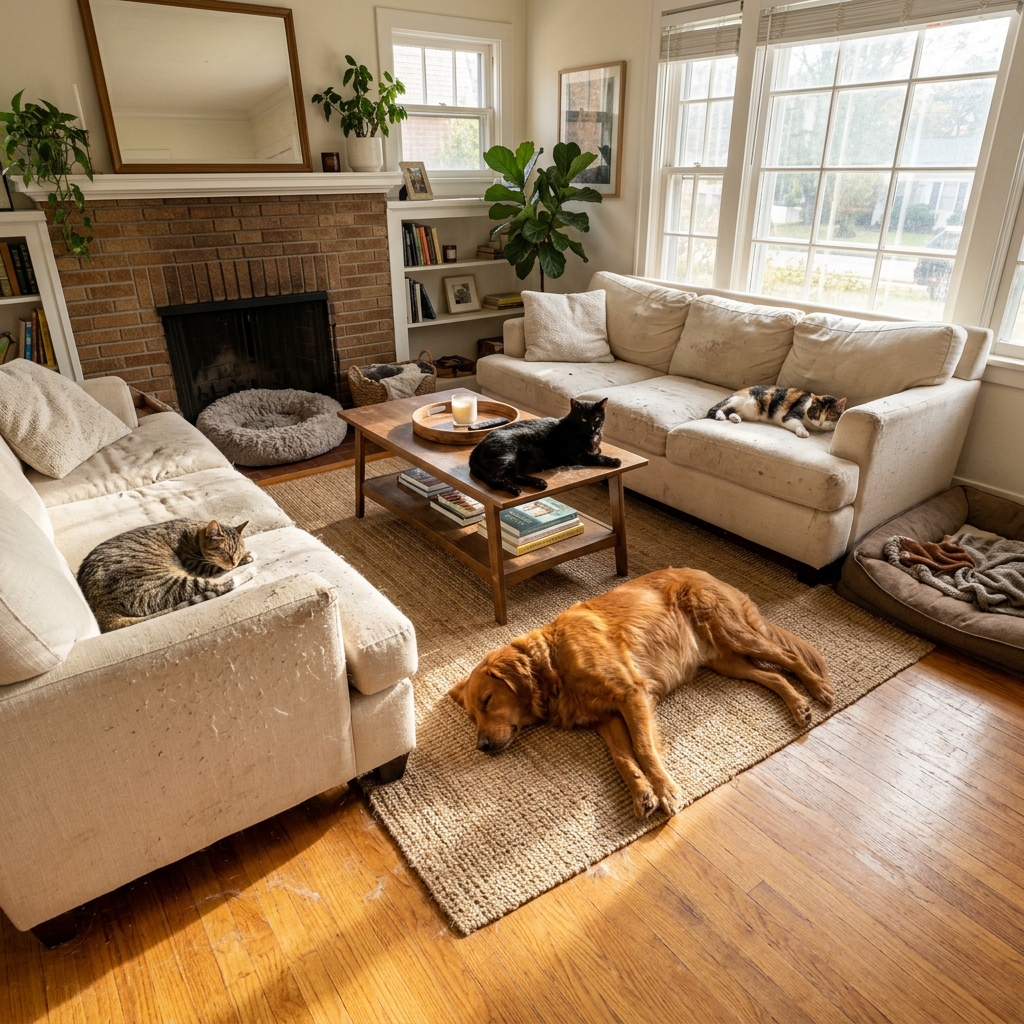 Messy pet-filled living space suggesting strong odor concerns in a Prince William County home.