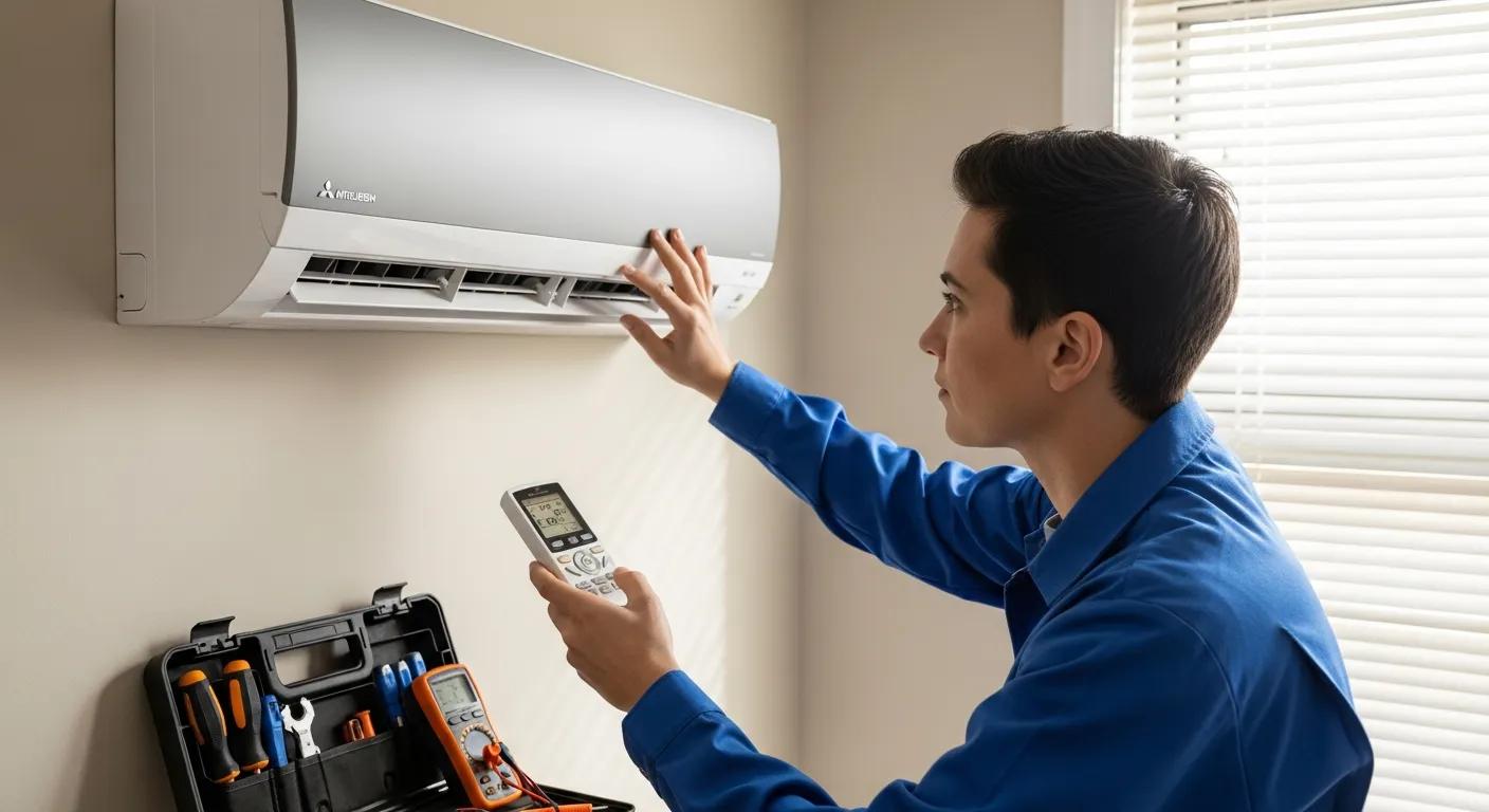 Technician checking a Mitsubishi mini split indoor unit and remote control for cooling problems Technician checking a Mitsubishi mini split indoor unit and remote control for cooling problems