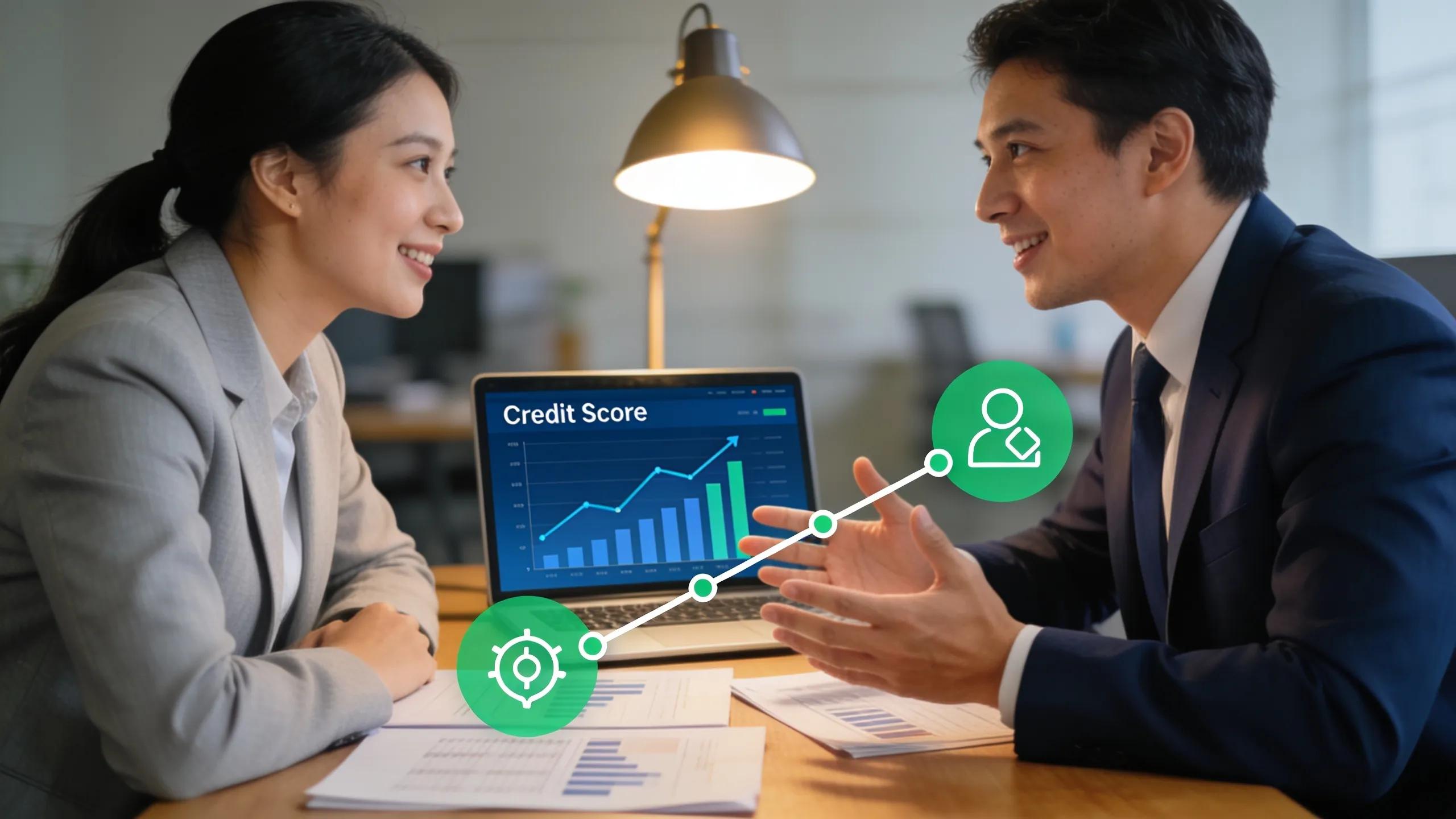 A business meeting focused on improving credit profiles, showcasing professional interaction and financial discussions.