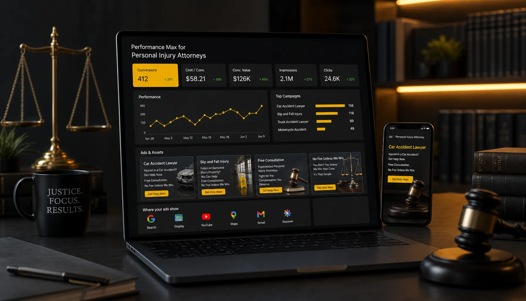 PPC advertising dashboard in a law office, showcasing metrics and collaboration among legal professionals