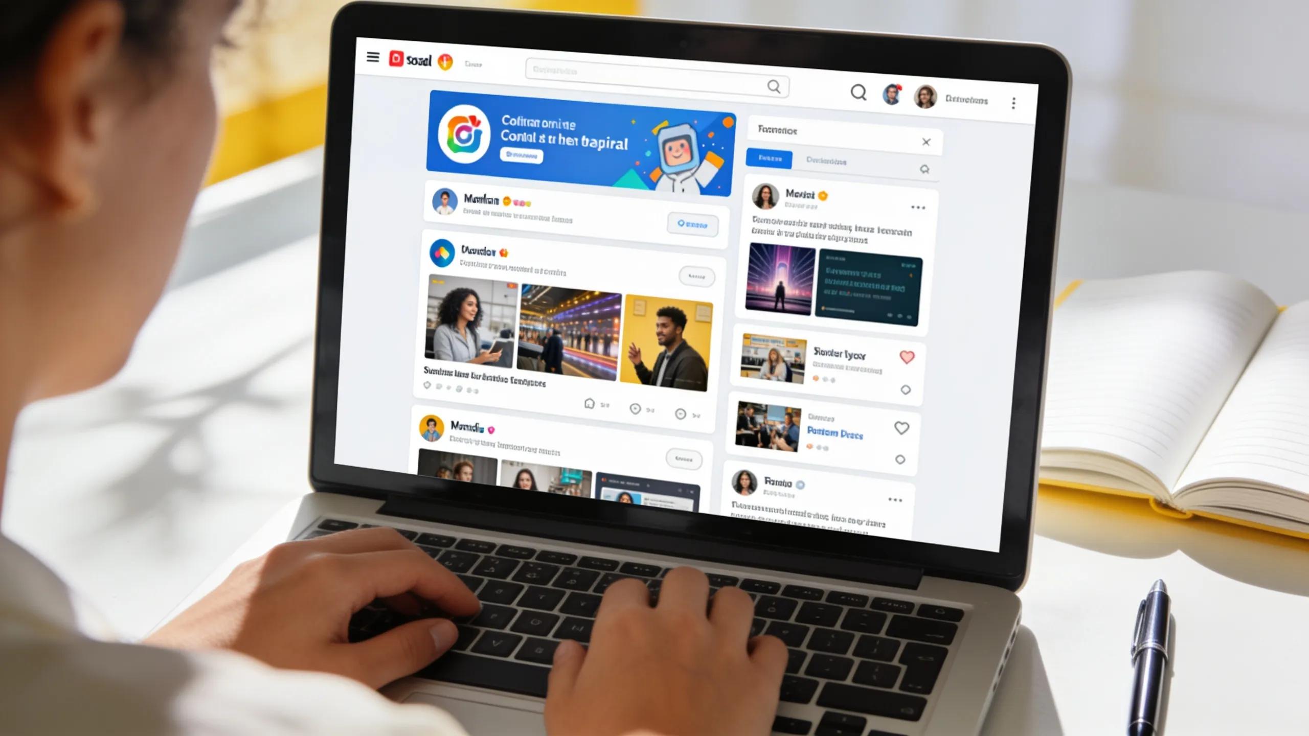 Individual analyzing social media performance on a laptop in a bright, engaging environment