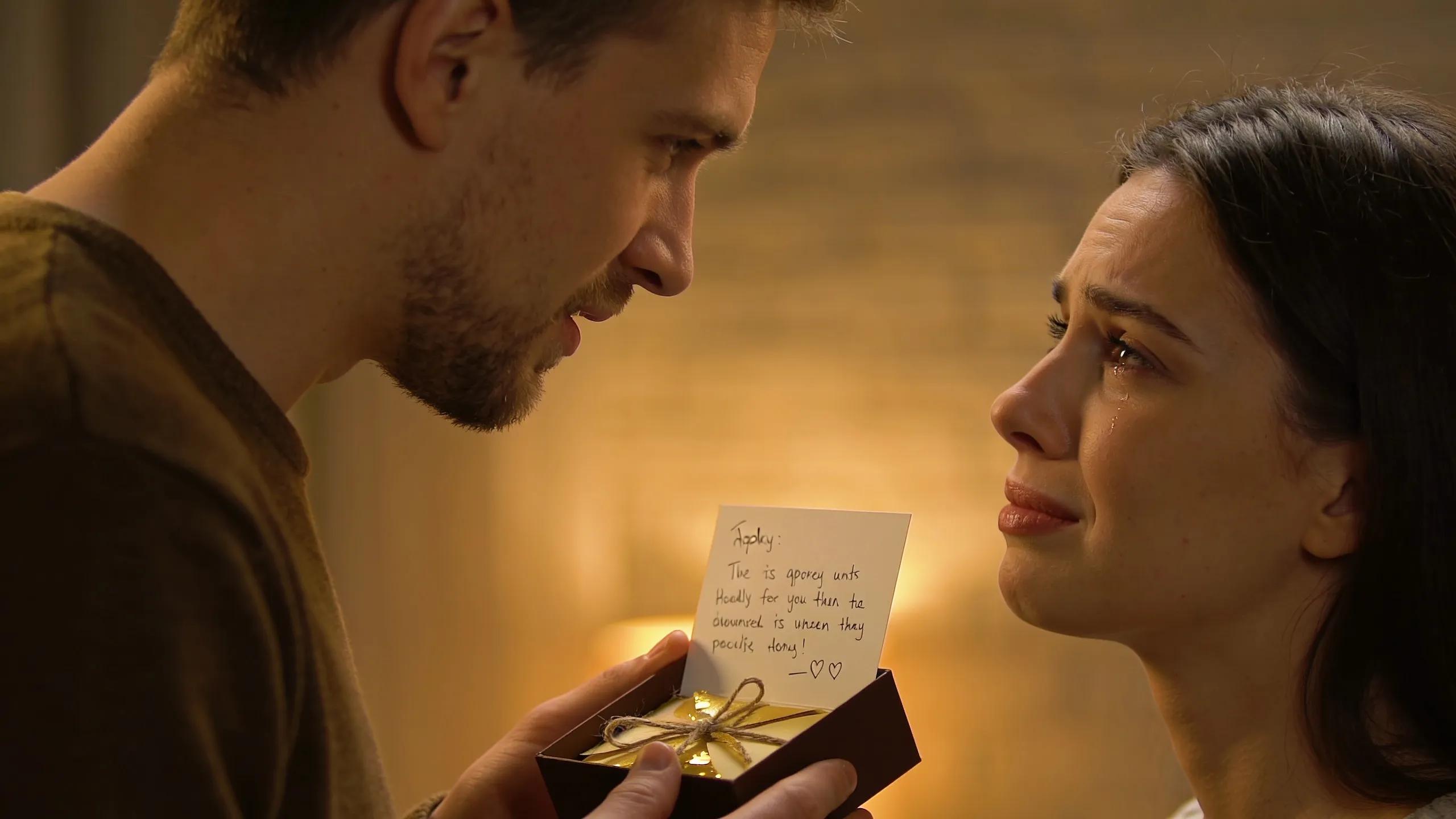 A heartfelt apology moment featuring two people exchanging a personalized gift, symbolizing emotional connection and sincerity