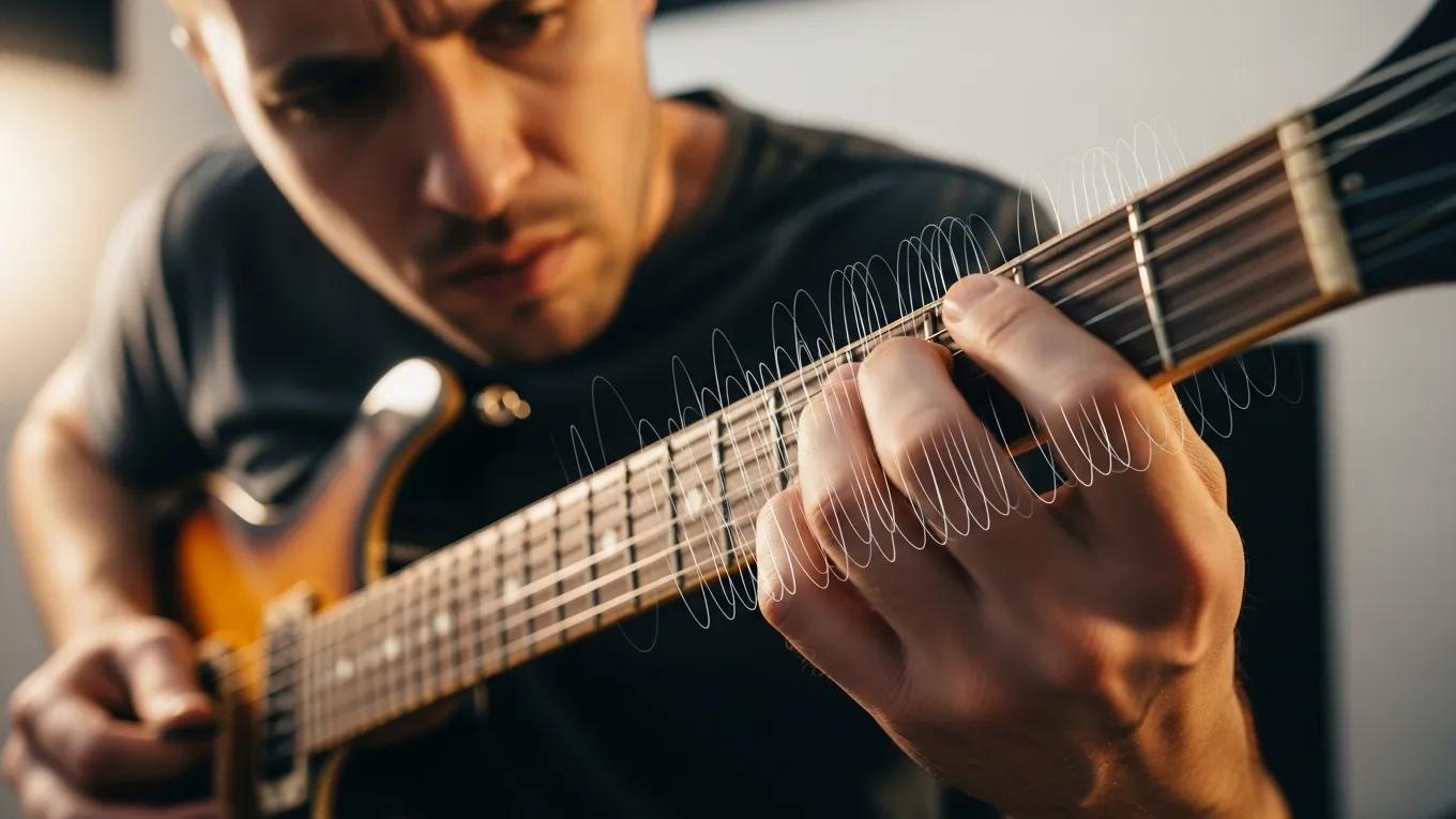 Guitarist experiencing fret buzz, illustrating the need for professional setup to resolve playability issues