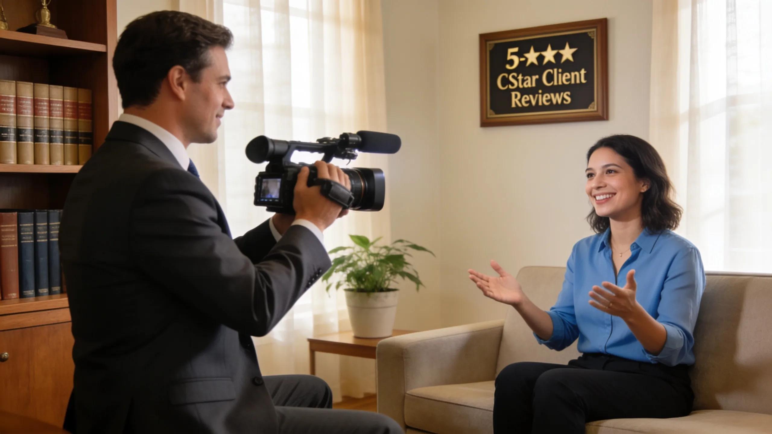 Lawyer filming a client testimonial video in a professional office