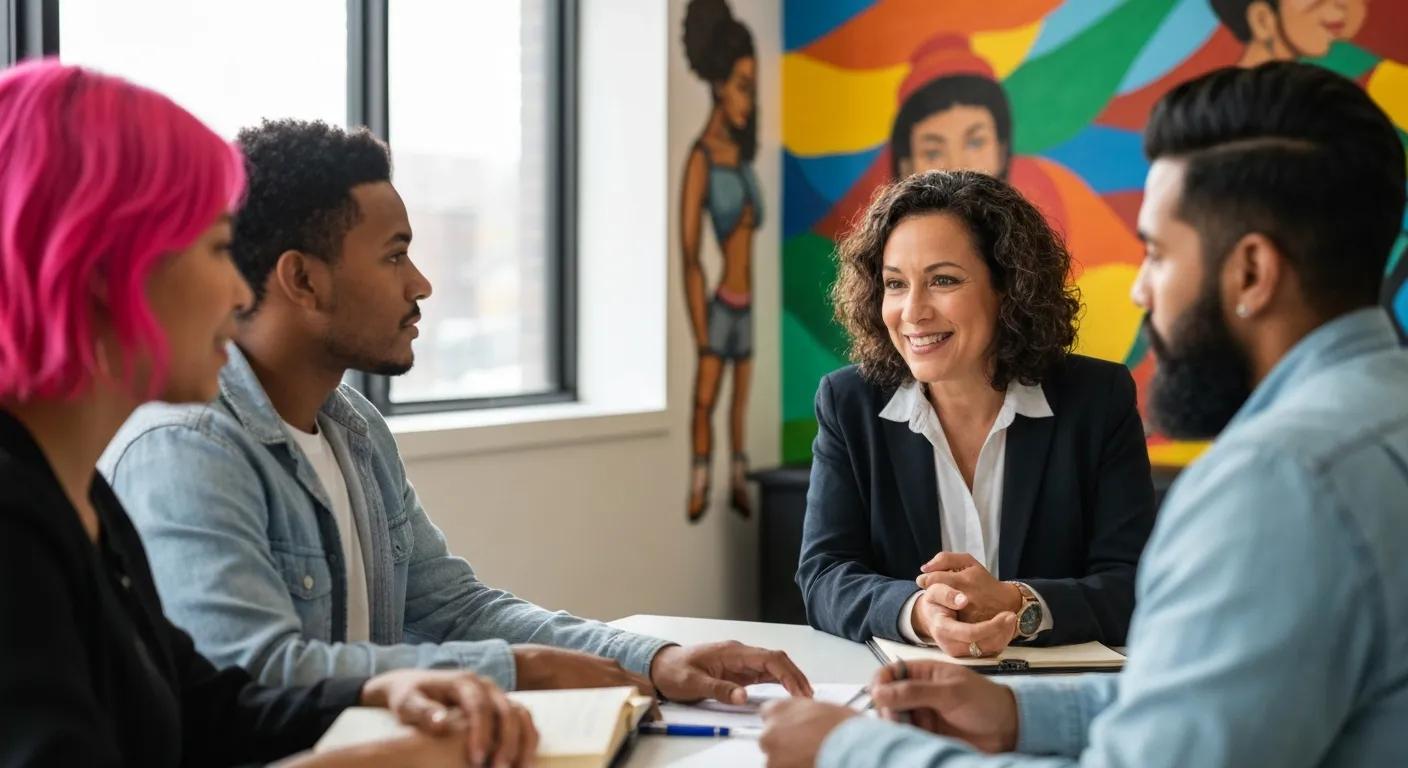 Community members speaking with a bilingual legal advisor about language-related barriers