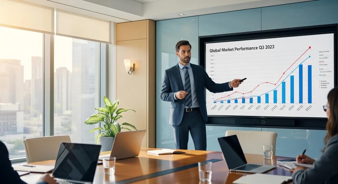 Financial market analyst presenting data trends in a conference room