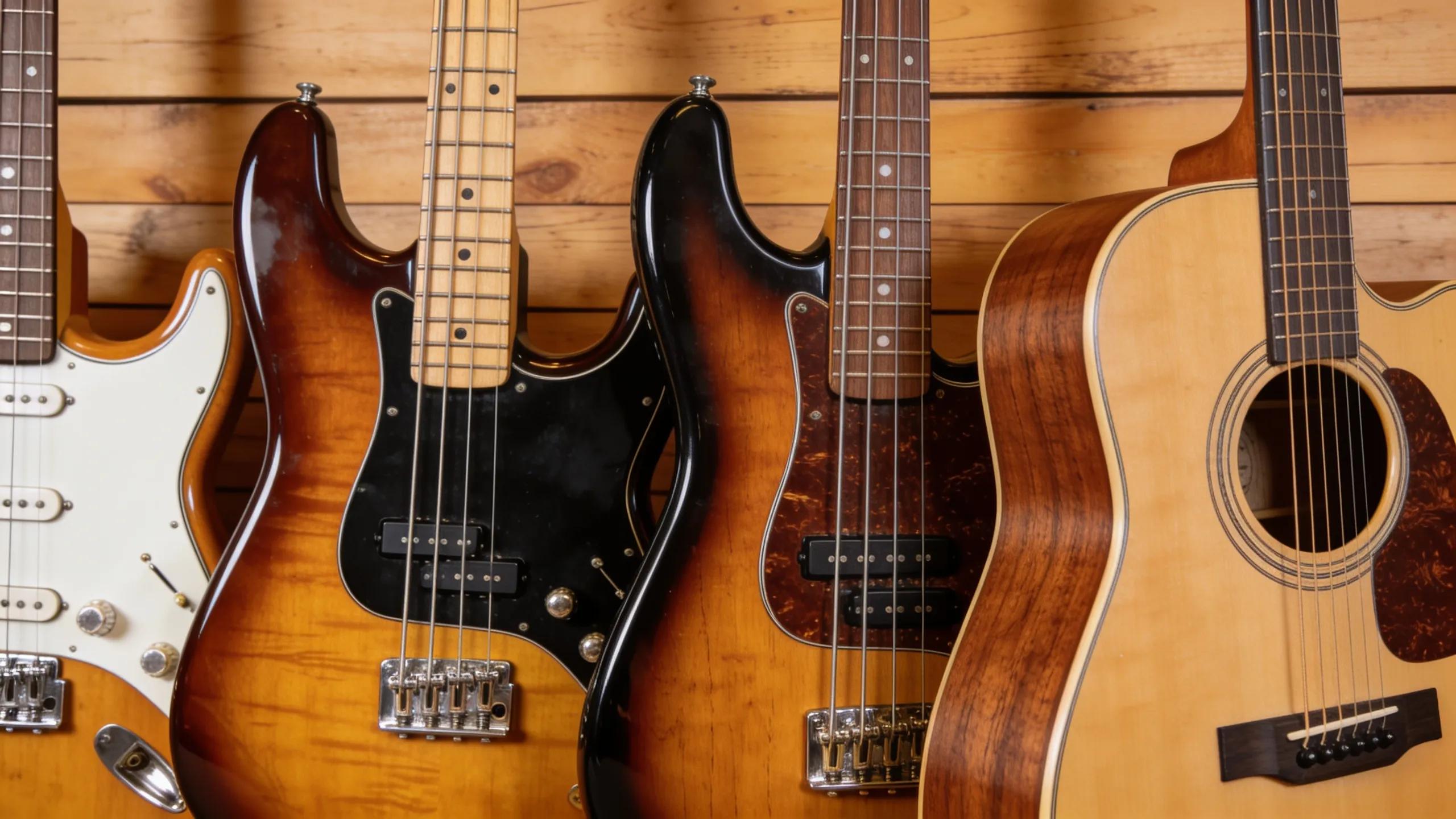 Variety of bass guitars including electric and acoustic, showcasing options for beginners and pros.
