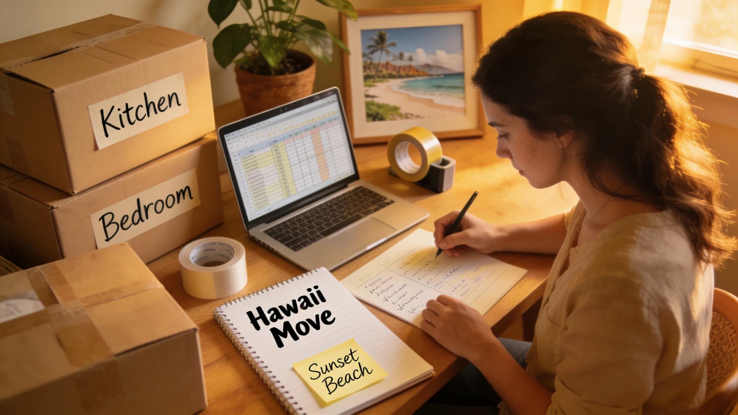 Individual organizing a moving plan with packing materials, emphasizing preparation for relocating to Hawaii