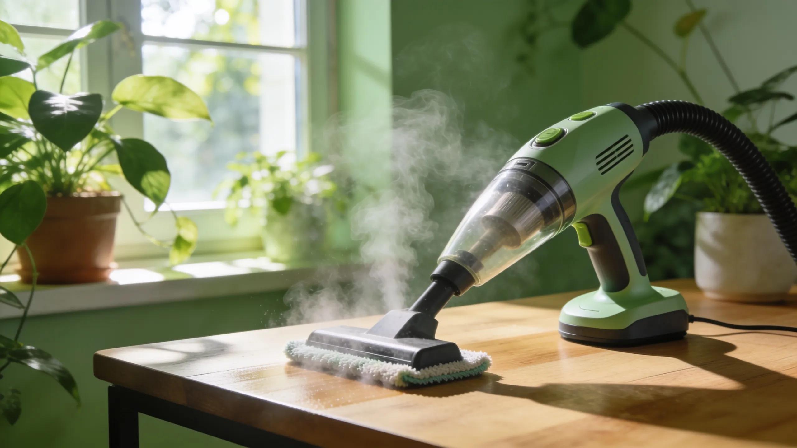 Eco-friendly steam cleaner in use surrounded by greenery promoting sustainable cleaning