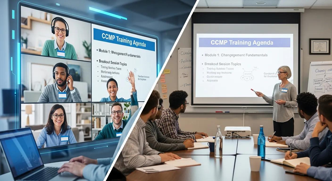 CCMP training session with participants in a virtual format and instructor presenting in-person agenda.