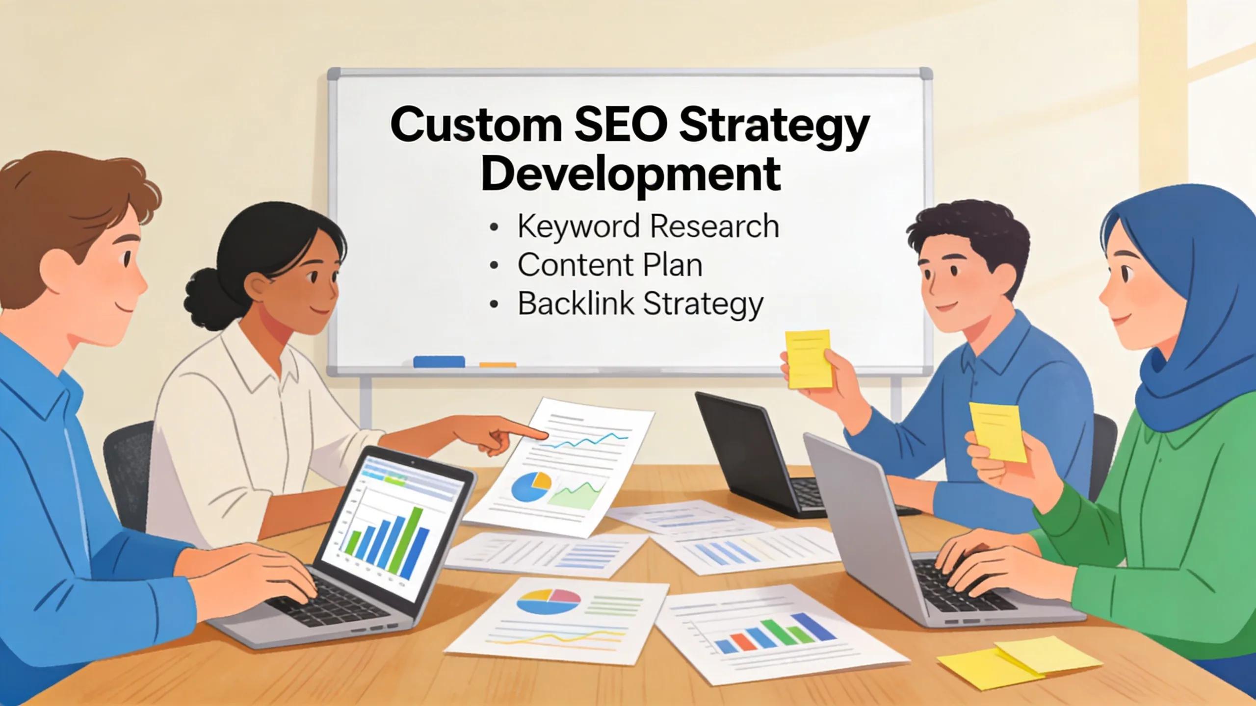 Team collaboration on custom SEO strategy development with laptops and documents
