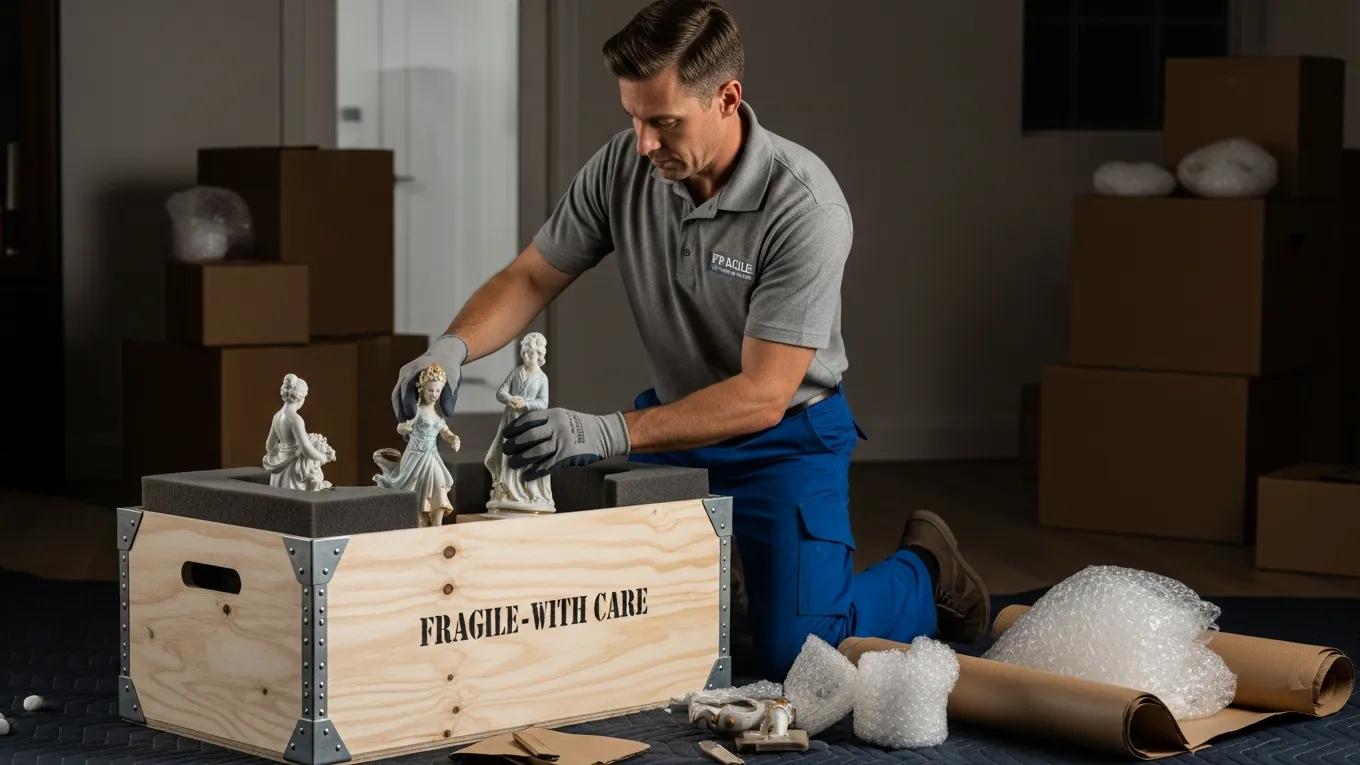 Professional mover packing delicate items into a custom crate
