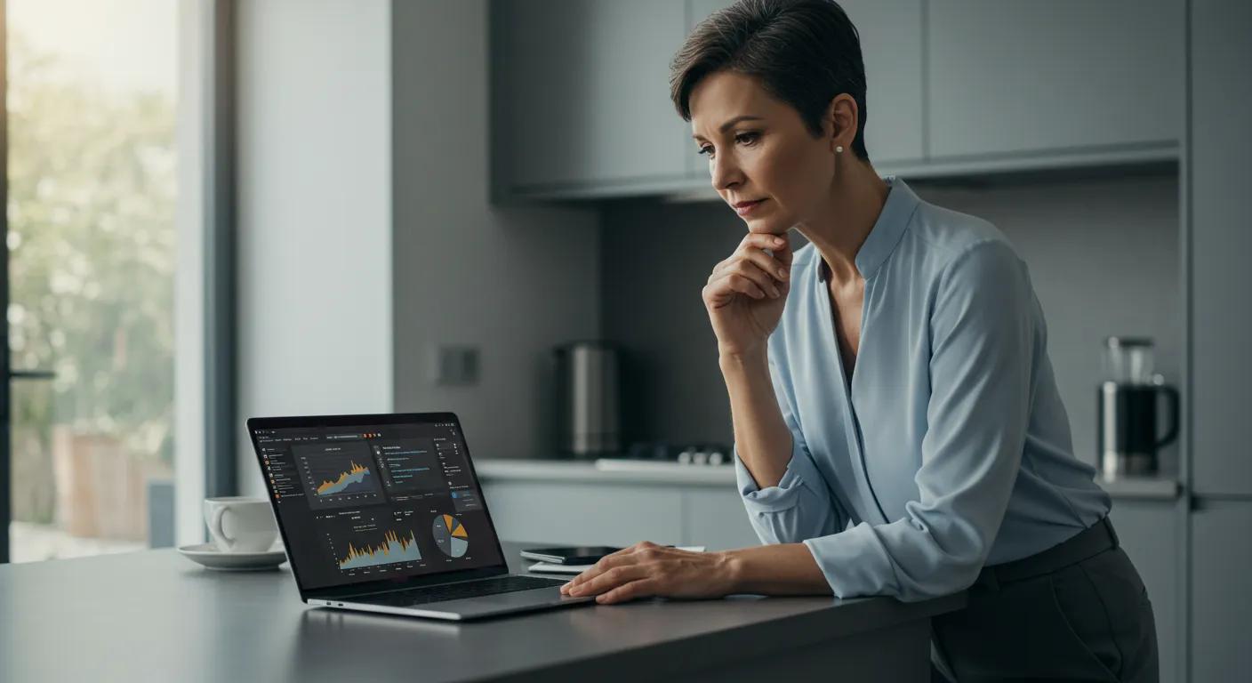 A home seller reviewing AI-driven property valuation insights on a laptop screen A home seller reviewing AI-driven property valuation insights on a laptop screen