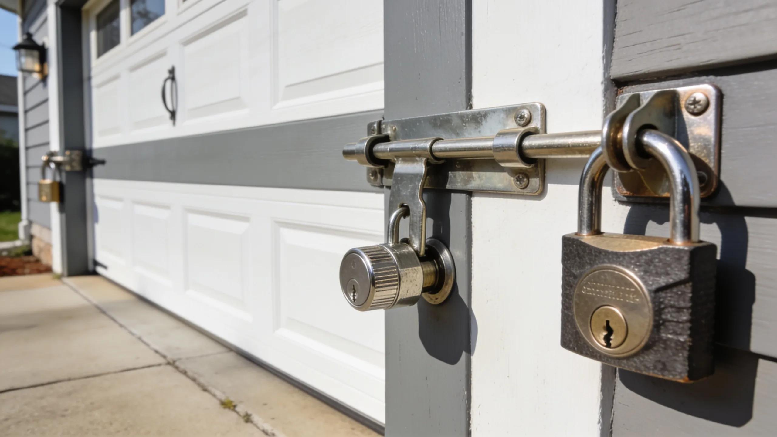 Garage door with high-quality locks emphasizing security improvement from professional repairs