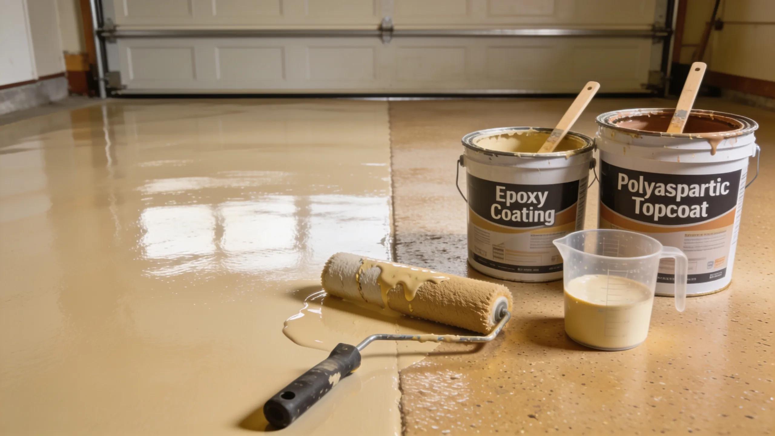 Comparison of freshly coated garage floor surfaces showing epoxy and polyaspartic options, highlighting durability and aesthetic appeal