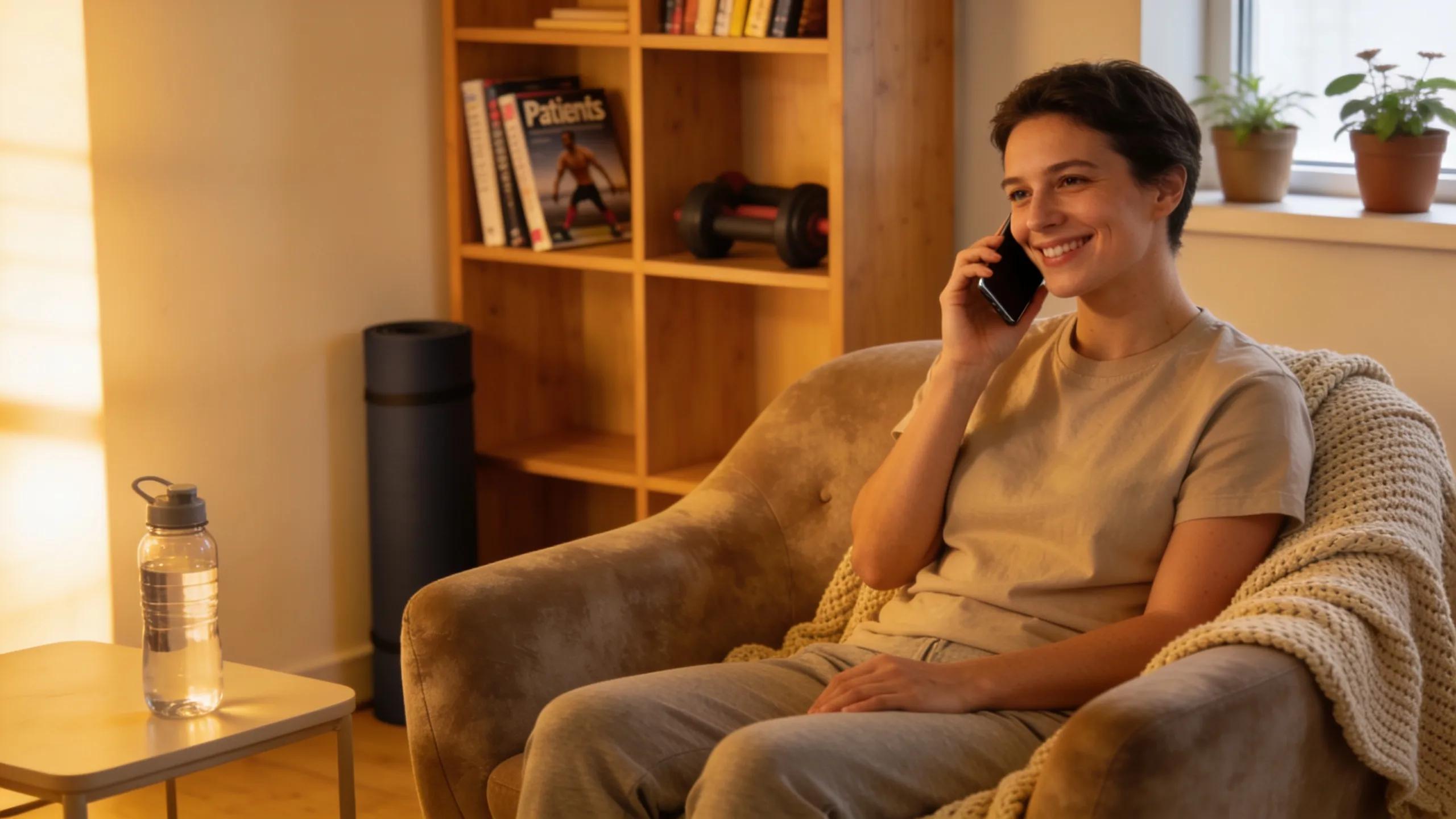Patient booking a clinical exercise assessment appointment over the phone in a comfortable setting