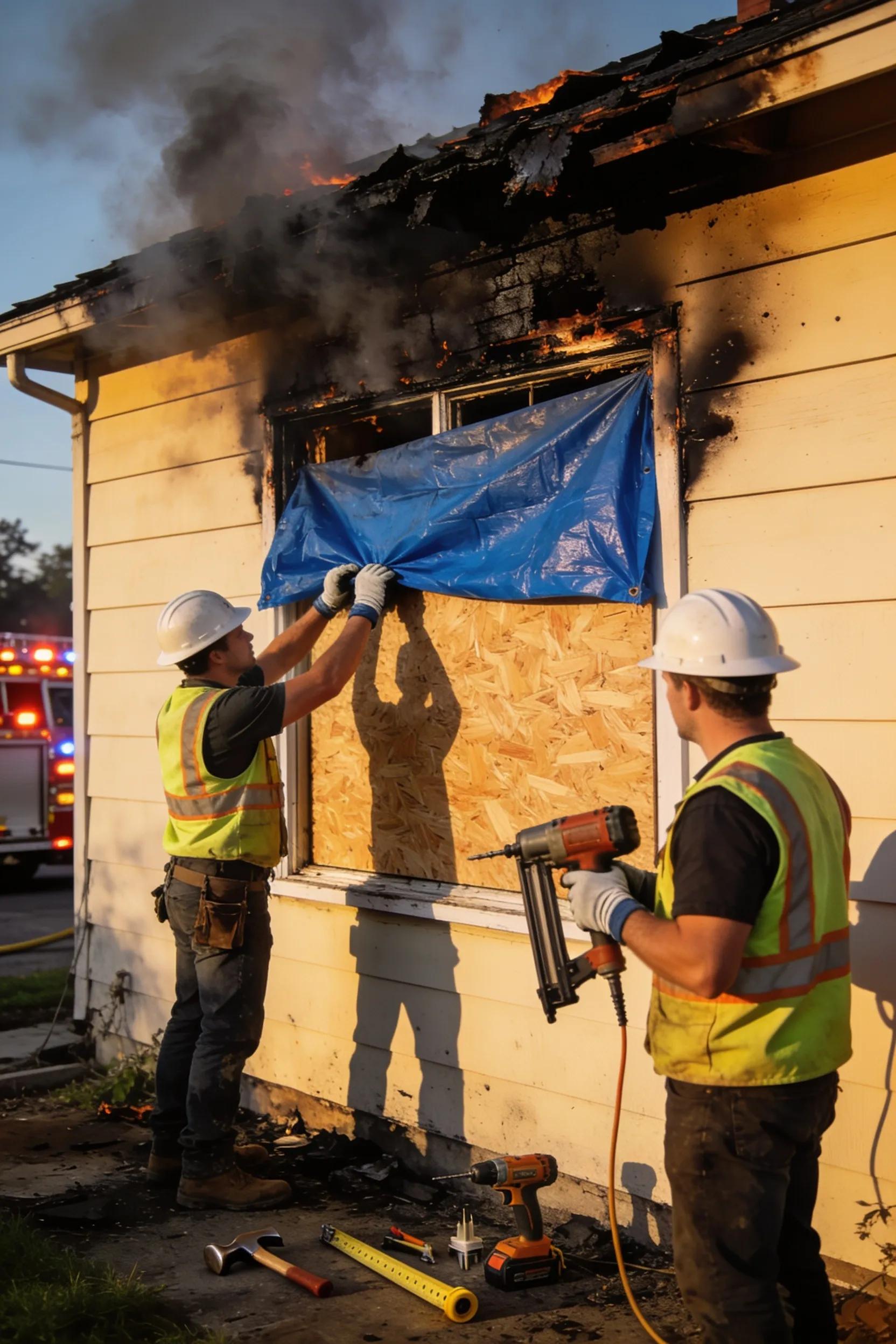 Restoration team securing a fire-damaged house with boarding and tarping, ensuring safety and immediate response