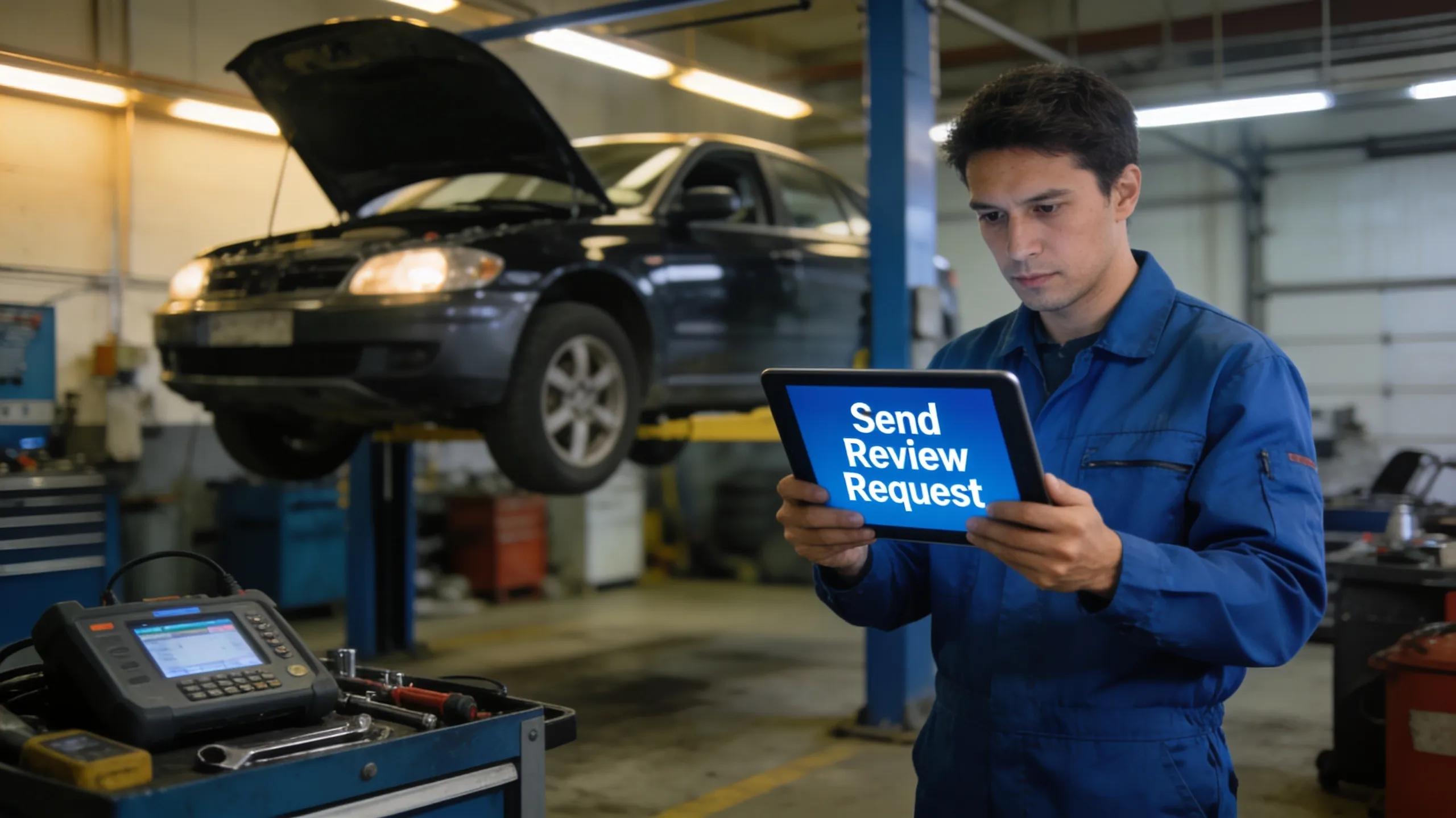 Technician using a tablet to automate customer review requests in an auto repair environment