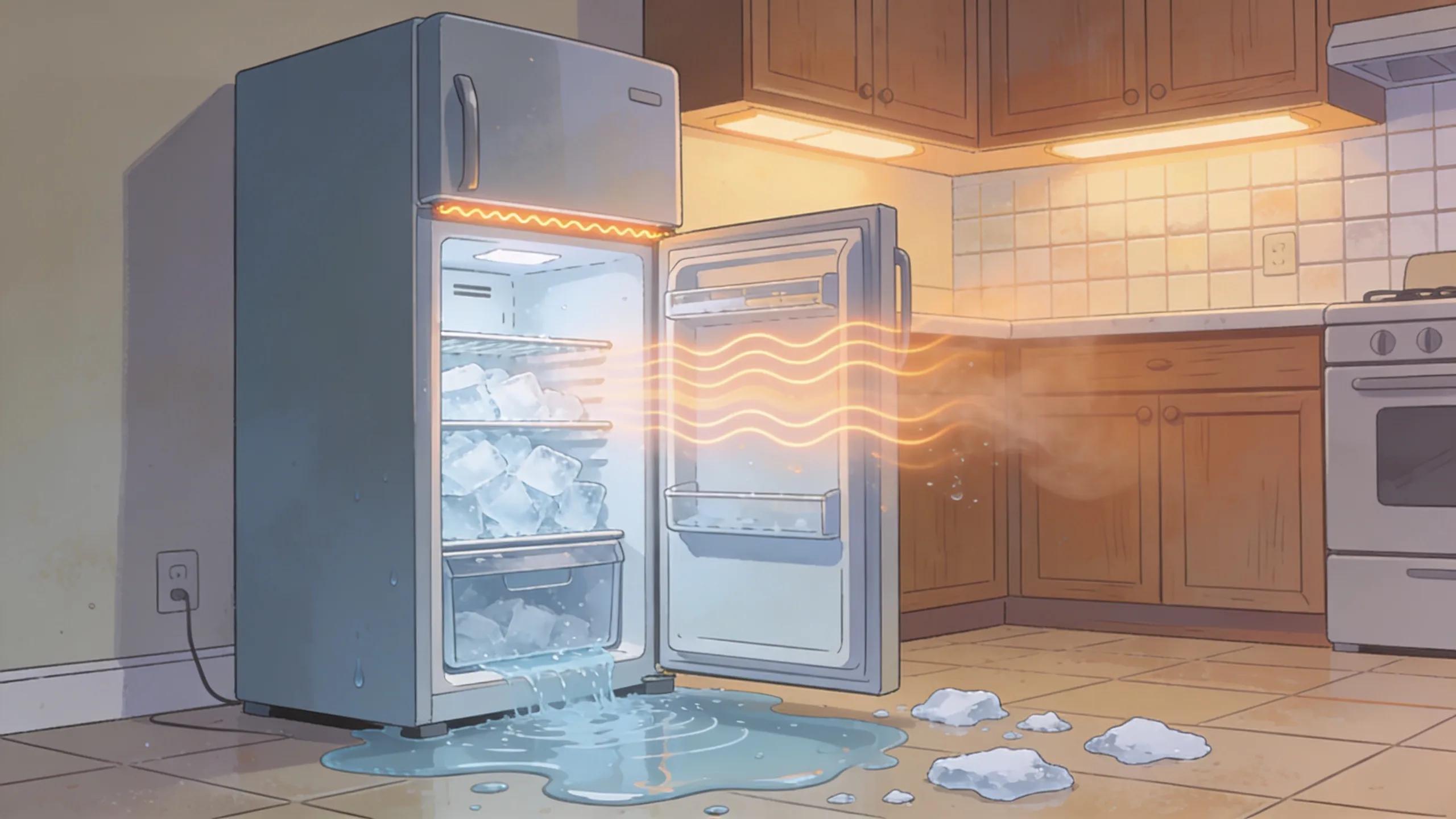 Common refrigerator problems including ice buildup and water leakage in a home setting