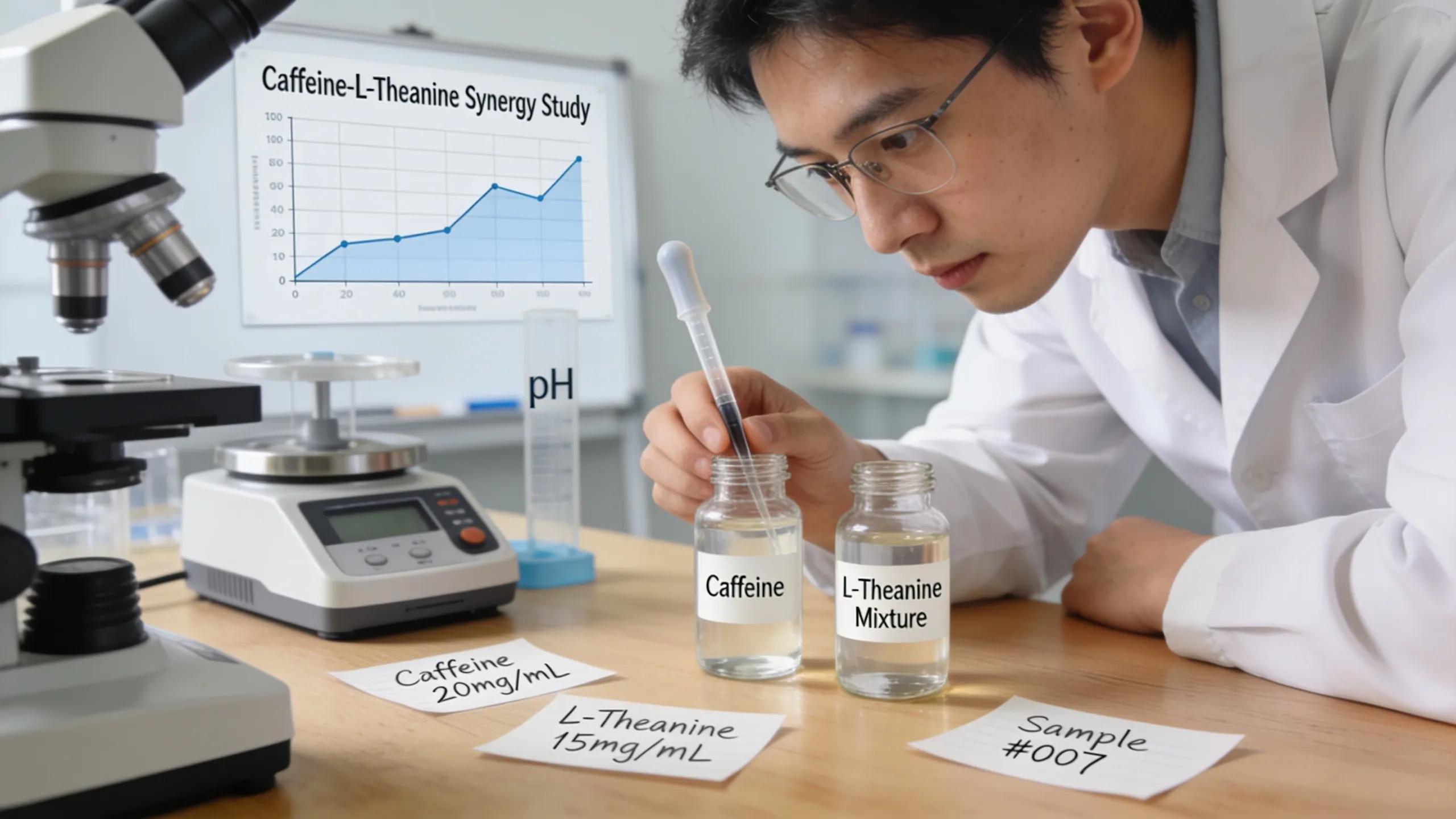 Research setting focusing on the synergy between caffeine and L-Theanine in nootropic energy shots